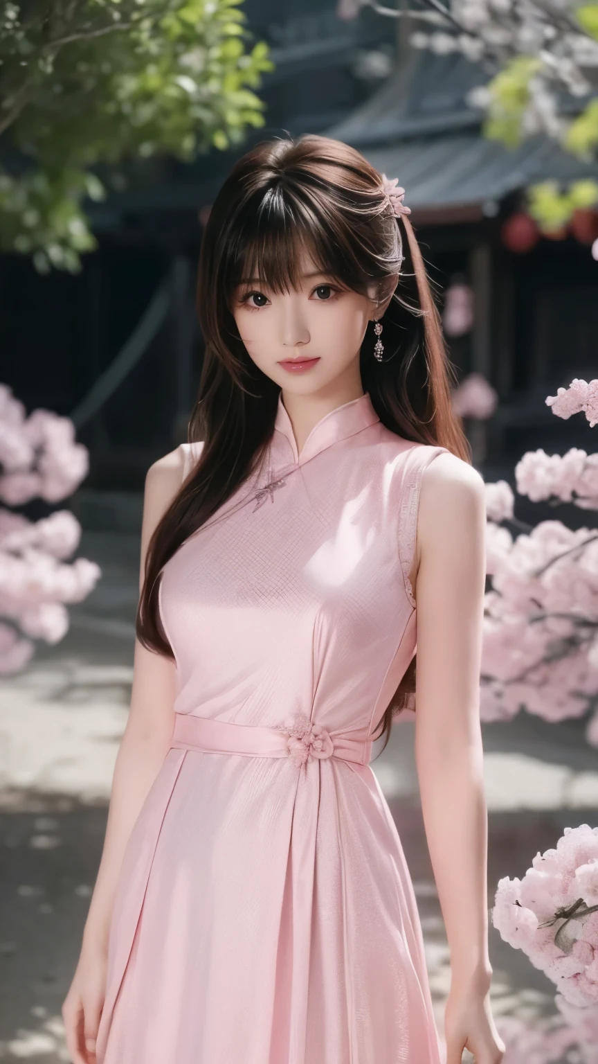 bangs ,hair、 in a pink dress 、hair上有花朵的Anime Girl, very 美丽的Anime Girl, 美丽的Anime Girl, beautiful fantasy anime , Gu Weiss, Anime Girl, 美丽的Anime Girl, very beautiful anime girl , pink flowers , background blur, Anime style 4K, Anime fantasy work , 4K anime wallpaper, Guvez style artwork