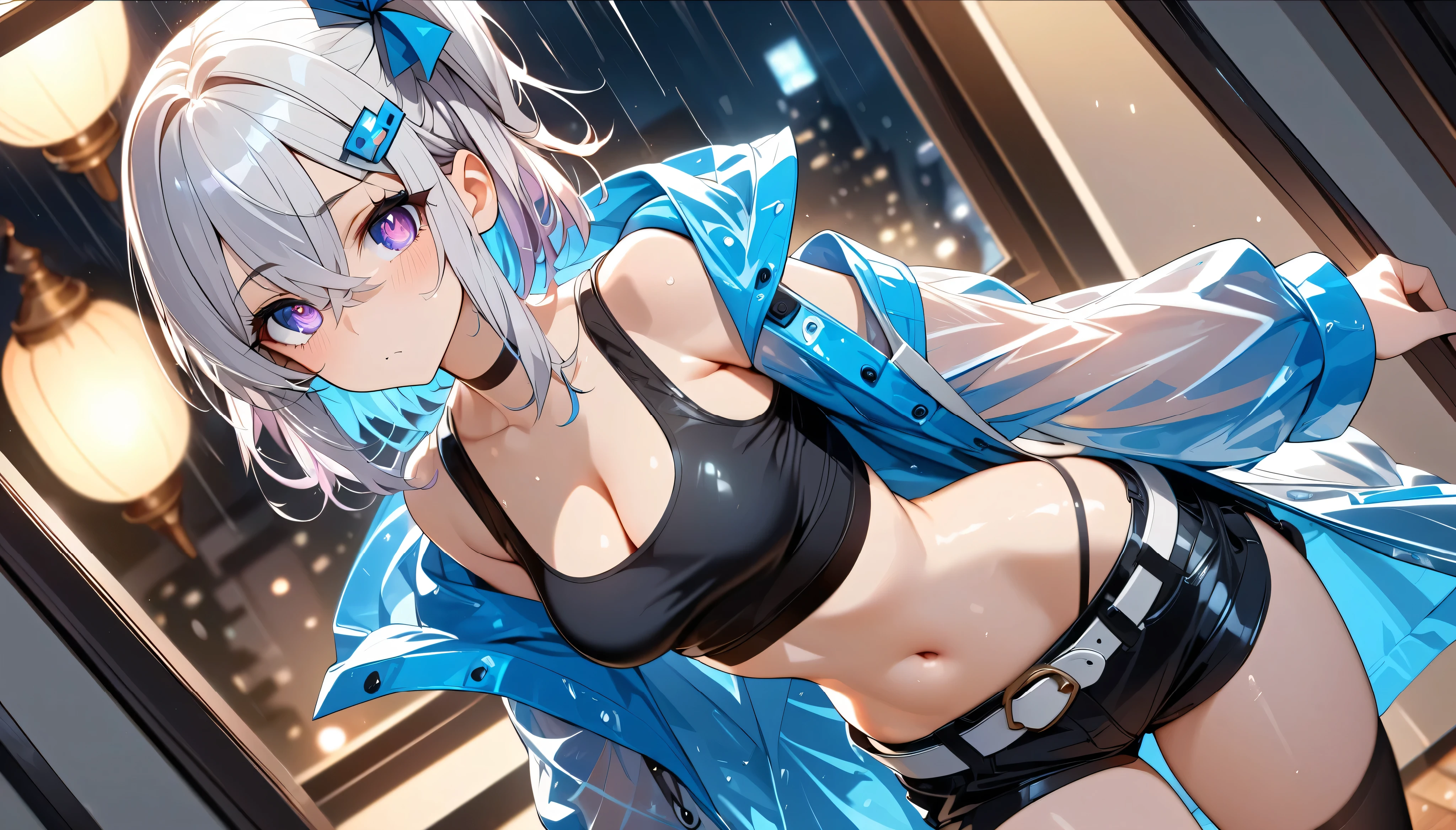 (masterpiece, best quality:1.2), full body, solo, Android 18 from Dragon Ball, ((white slip-on crop top)), ((black dolphin shorts)), (light gray hooded crop jacket), thighs, midriff, small breasts, sweat, blonde hair, (single hair bun), ((blue eyes)), earrings on earlobes, slender feminine figure, narrow waistline, skinny body, long legs, walking, rain, wet, sweating, cleavage, off shoulder, magnificent view, blur background, 4K, light blush, breath, gray new balance sneakers, outdoors, arms up, hands on own head, Festival, (lace thigh band)