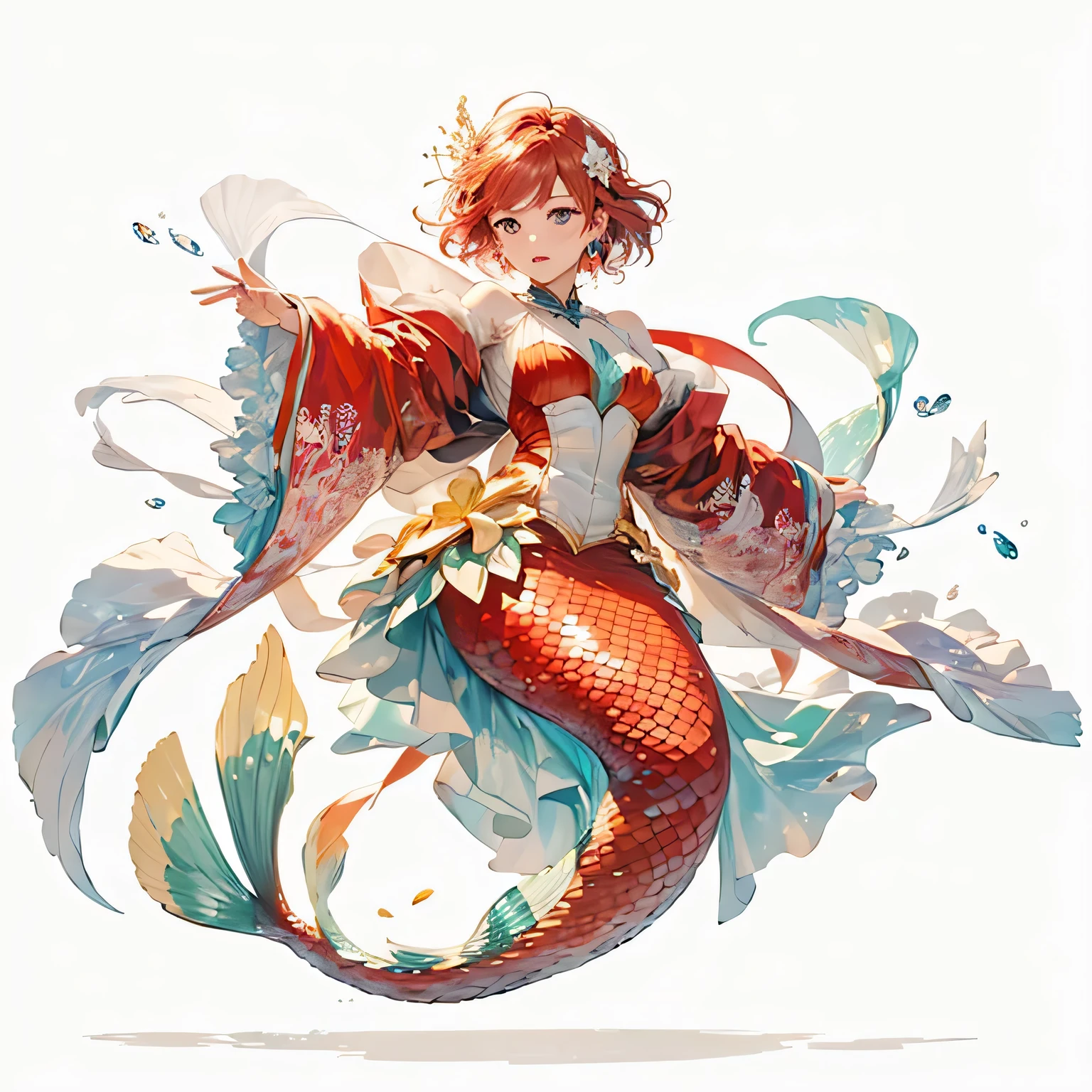 (( masterpiece)), ( top quality), ( cinematic ), Art Nouveau watercolor , (( white background)), ((( simple solid color background)))、((( no background)))、 Intricate designs and patterns in the style of Alphonse Mucha, violet evergarden, Constellation、 Constellationをイメージした人物、(((Overall view)))、whole body、(((piscesイメージの女性)))、pisces、Clothes like those worn by a goddess 、race、flower、((( with flower ornaments on her hair )))、(((mermaid)))、Beautiful tail fin、(((A person who imaged a red mermaid )))、((( red hair、 short hair)))、Beautiful hands、