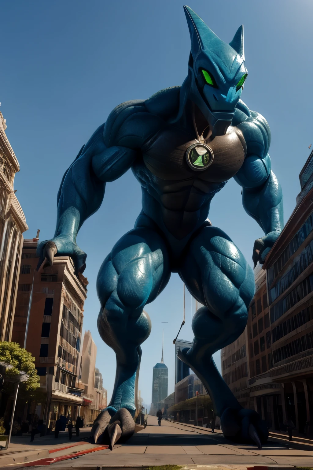 Blue skin, Green eyes, no pupils, no nose, Claws, Alien, tail, Muscular body, macro