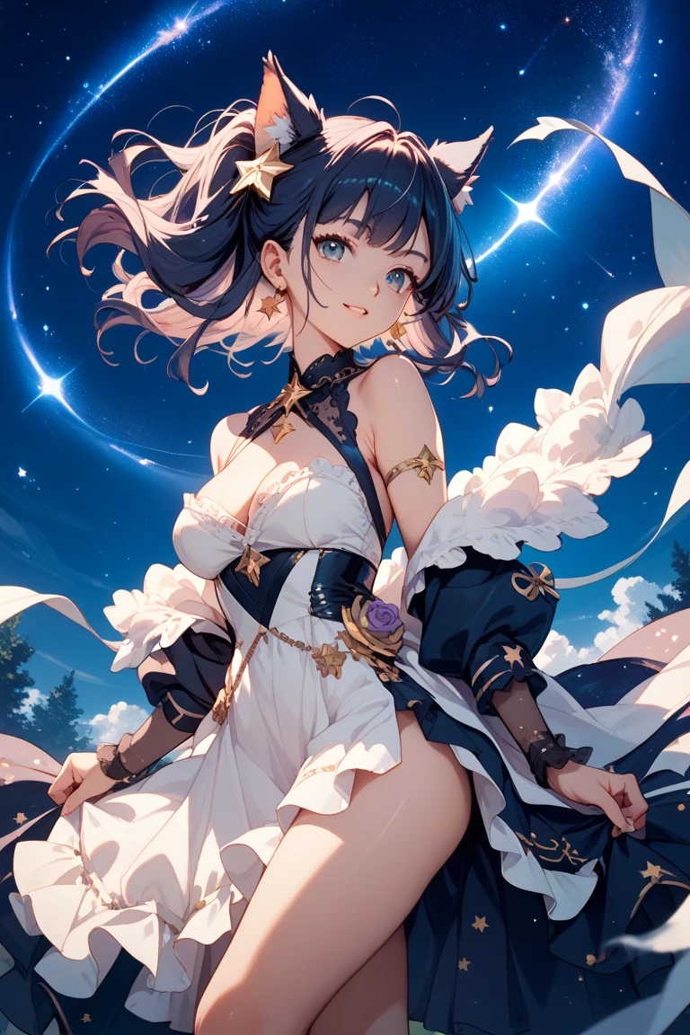1 young female princess, detailed beautiful faces, detailed eyes, long eyelashes, beautiful lips, various hairstyles, harem, royal dresses, short skirts, sleeveless, underarms showing, night, starry night sky, intricate details, high quality, realistic, photorealistic, masterpiece, 8k, ultra-detailed, sharp focus, vivid colors, studio lighting