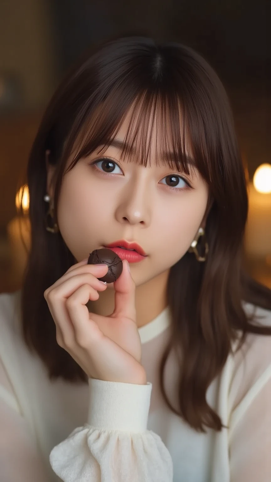 araffe girl with long hair holding a chocolate covered ice cream, ulzzang, lalisa manobal, jinyoung shin, popular south korean makeup, young adorable korean face, lee ji-eun, lee ji - eun, dilraba dilmurat, with cute - fine - face, cute korean actress, popular korean makeup, hwang se - on