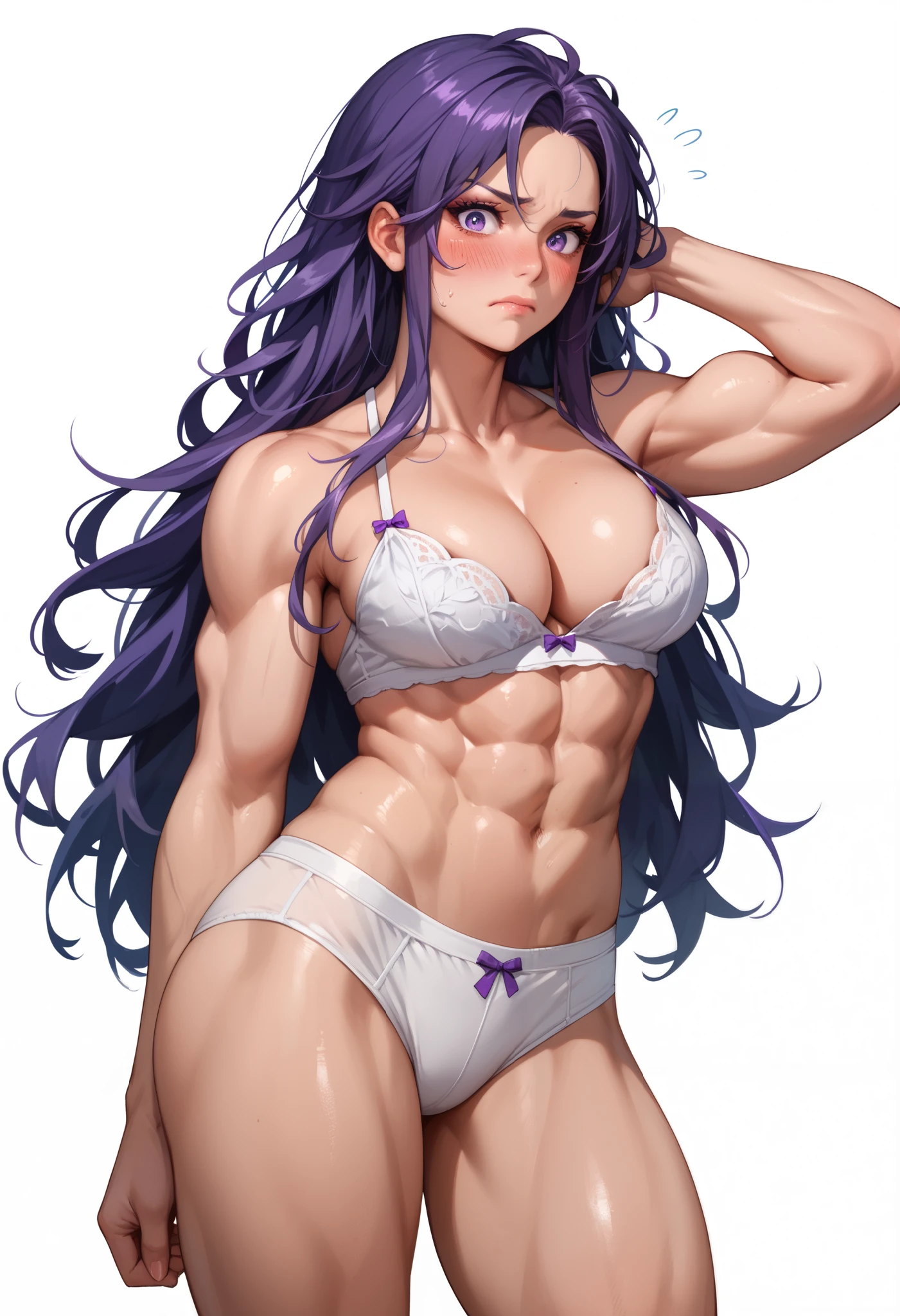 ((White background )) (Curve:0.9), rathing_questionable , ((Purple Long hair)), makeup, Ultra Detail Hair, (Purple eyes:1.2), (blush:0.4), (White underwear:1.4), tall, long sexy legs, cleavage ,((muscular:0.2)) , ((small breasts:0.5)), (strong)  ,sexy, ((Blushing, embarrassed)) (Flexing arm:0.8)