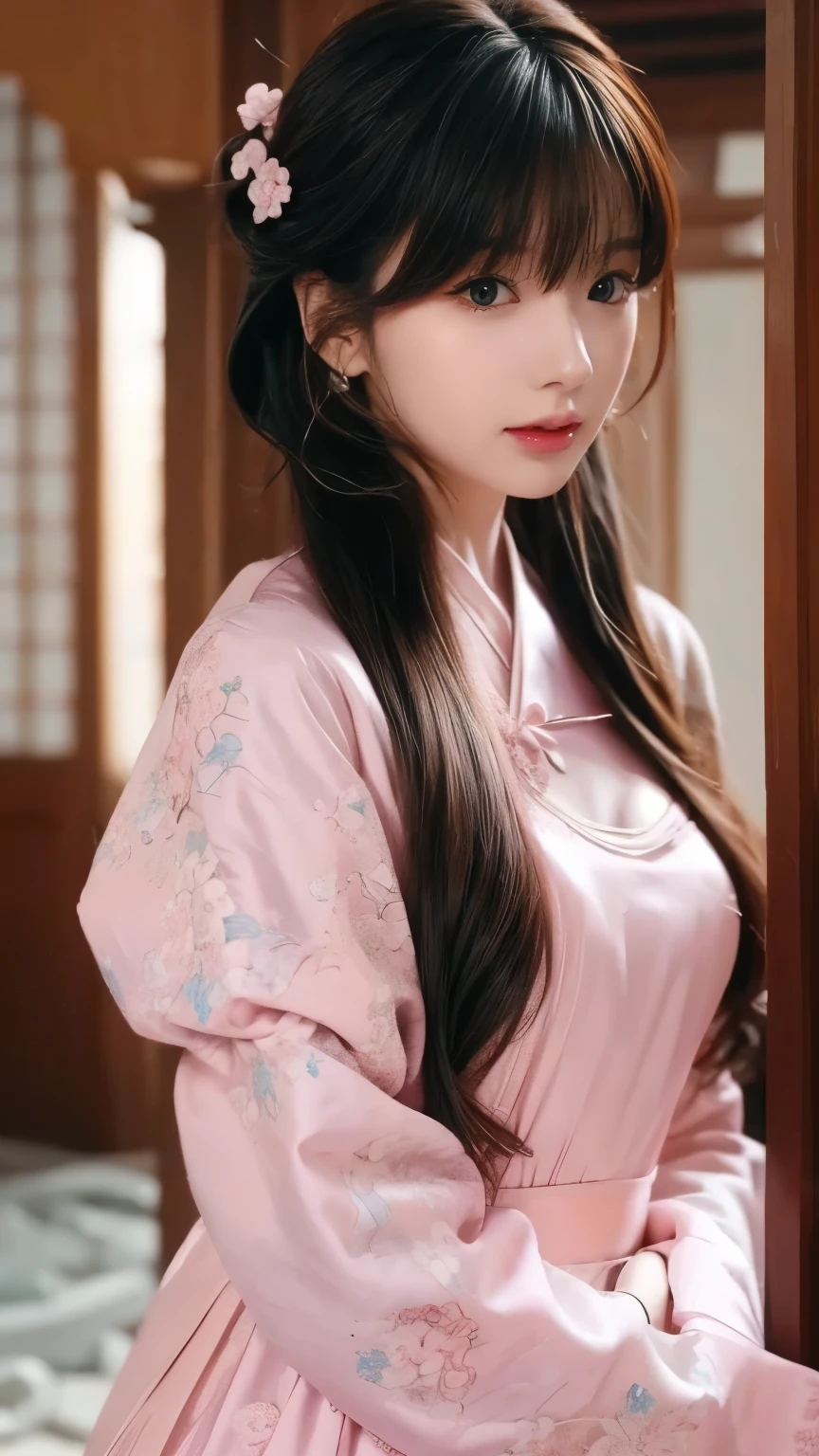 bangs ,hair、 in a pink dress 、hair上有花朵的Anime Girl, very 美丽的Anime Girl, 美丽的Anime Girl, beautiful fantasy anime , Gu Weiss, Anime Girl, 美丽的Anime Girl, very beautiful anime girl , pink flowers , background blur, Anime style 4K, Anime fantasy work , 4K anime wallpaper, Guvez style artwork