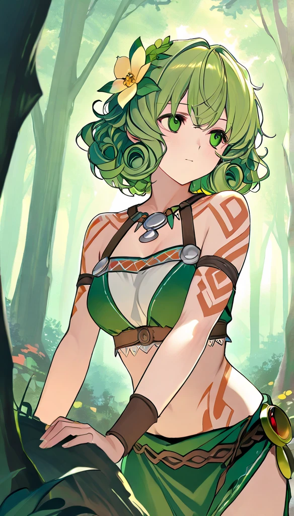 (high quality depth map:1.2), female focus, solo, upper body, 1girl, human, sorceress, medium breasts, (muscular, abs, biceps:0.9), tan skin, pixie cut, ponytail, green hair, (tattoos:1.05), emerald eyes, (scowling:0.8), half smile, emerald pendant, jewelry, hair flower, green sleeveless dress, midriff peek, (cleavage cutout:1.1), belt, outdoors, (crystals:0.9), forest, meadow, trees, grass, (shrine:1.05), atmospheric, dark, (volumetric lighting:1.3)