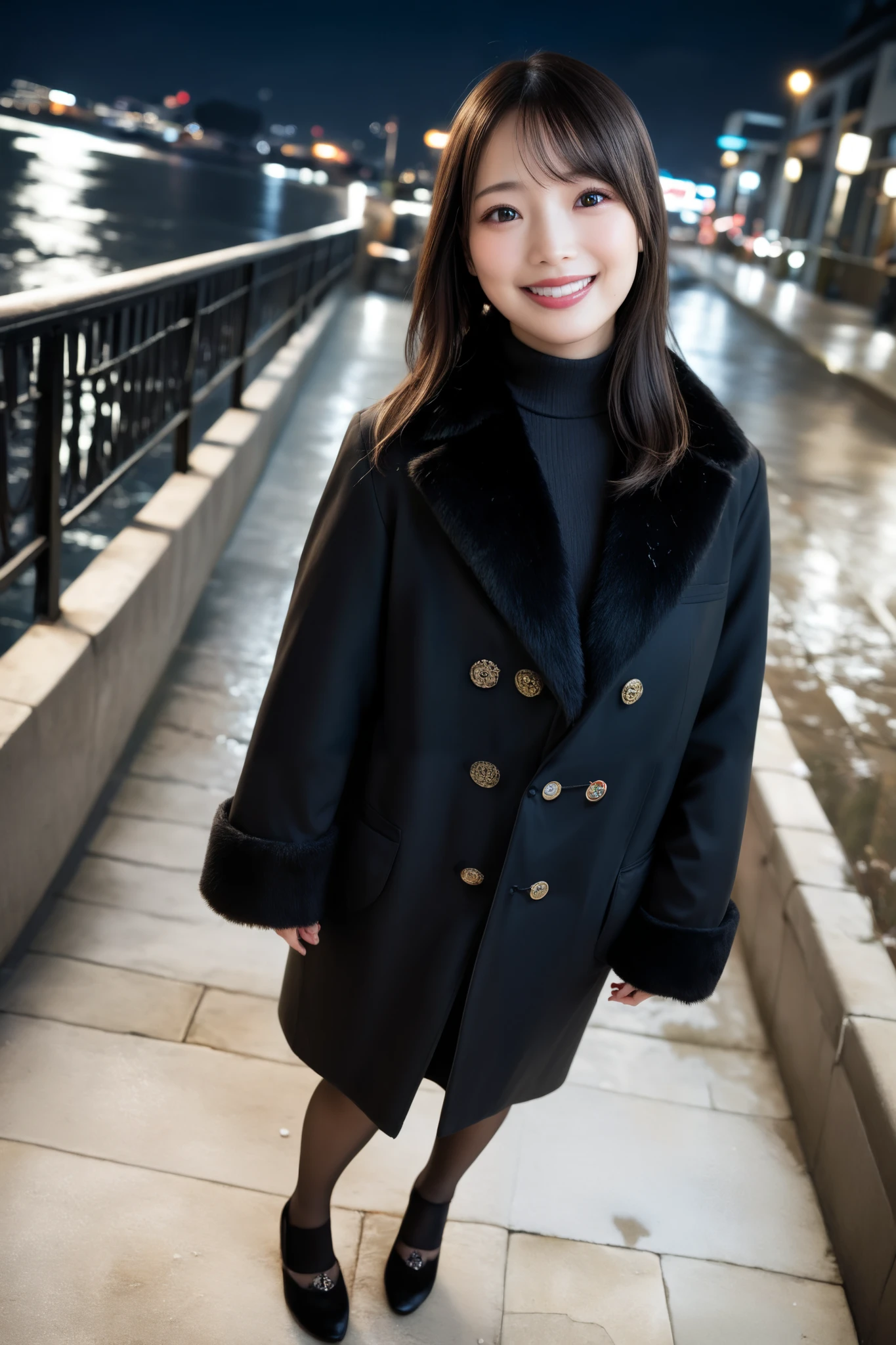 Very detailed, Detailed, Best quality, Ultra high resolution, Highest resolution, (((Wide angle, Full body photo, 20 year old Japanese woman wearing a black coat))), Happy smiling face, Detailed facial expression, Detailed eye depiction, Wide open eyes, Cute double eyelids, Thick lips, Black hair, Black pupils, BREAK, A woman wearing a black coat standing on a high pedestrian bridge, It's cold so she has pulled her coat on tightly and closed the front, She is wearing a black sweater underneath her coat, The night view of the city can be seen in the distance, It's snowing, Long hair, Looking at the viewer,