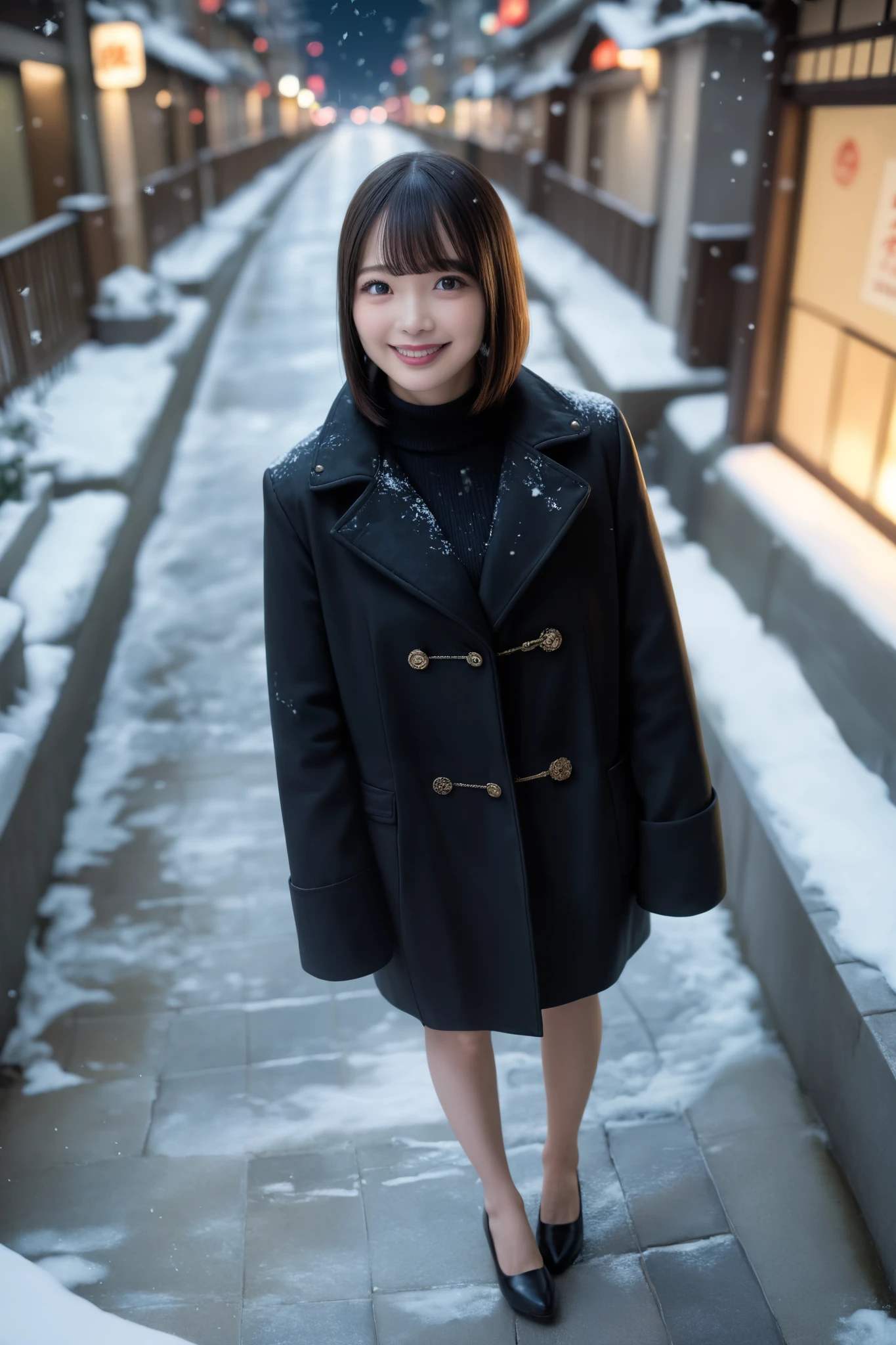 Very detailed, Detailed, Best quality, Ultra high resolution, Highest resolution, (((Wide angle, Full body photo, 20 year old Japanese woman wearing a black coat))), Happy smiling face, Detailed facial expression, Detailed eye depiction, Wide open eyes, Cute double eyelids, Thick lips, Black hair, Black pupils, BREAK, Woman wearing a black coat standing on a high pedestrian bridge, It's cold so she has pulled her coat on tightly and fastened it at the front, She is wearing a black sweater underneath her coat, The city night view can be seen in the distance, It's snowing, Hime cut with blunt bangs, Looking at the viewer, Angle from above,