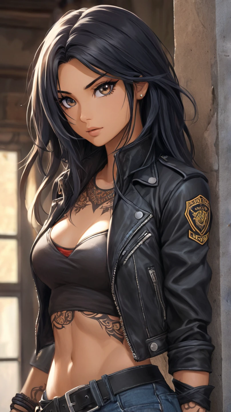 An anime-style drawing of a towering gang leader with black hair and blonde bangs. Her piercing gaze. She sports a tattoo of a ballerina ripped across her left arm., symbol of his strength and dominance. Wearing leggings and a leather jacket, that demonstrate your confidence and control. 