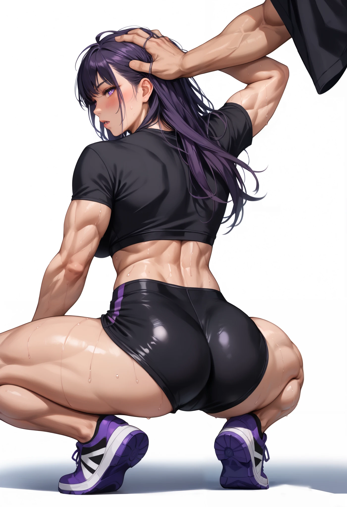 ((White background )) (Curve:0.9), rathing_questionable , (Purple Long hair), makeup, Ultra Detail Hair, (Purple eyes:1.2), (blush:1.2), (black sports shorts:1.3), (Black tight crop top t-shirt:1.4), tall, long sexy legs, cleavage ,((hyper muscular:0.4)) , ((small breasts:0.5)), (strong) , (muscular) ,sexy, (excited) Tired, sweat all over, ((Squat:1.4)) ,(back-facing figure:1.2) ass (hand holding head)