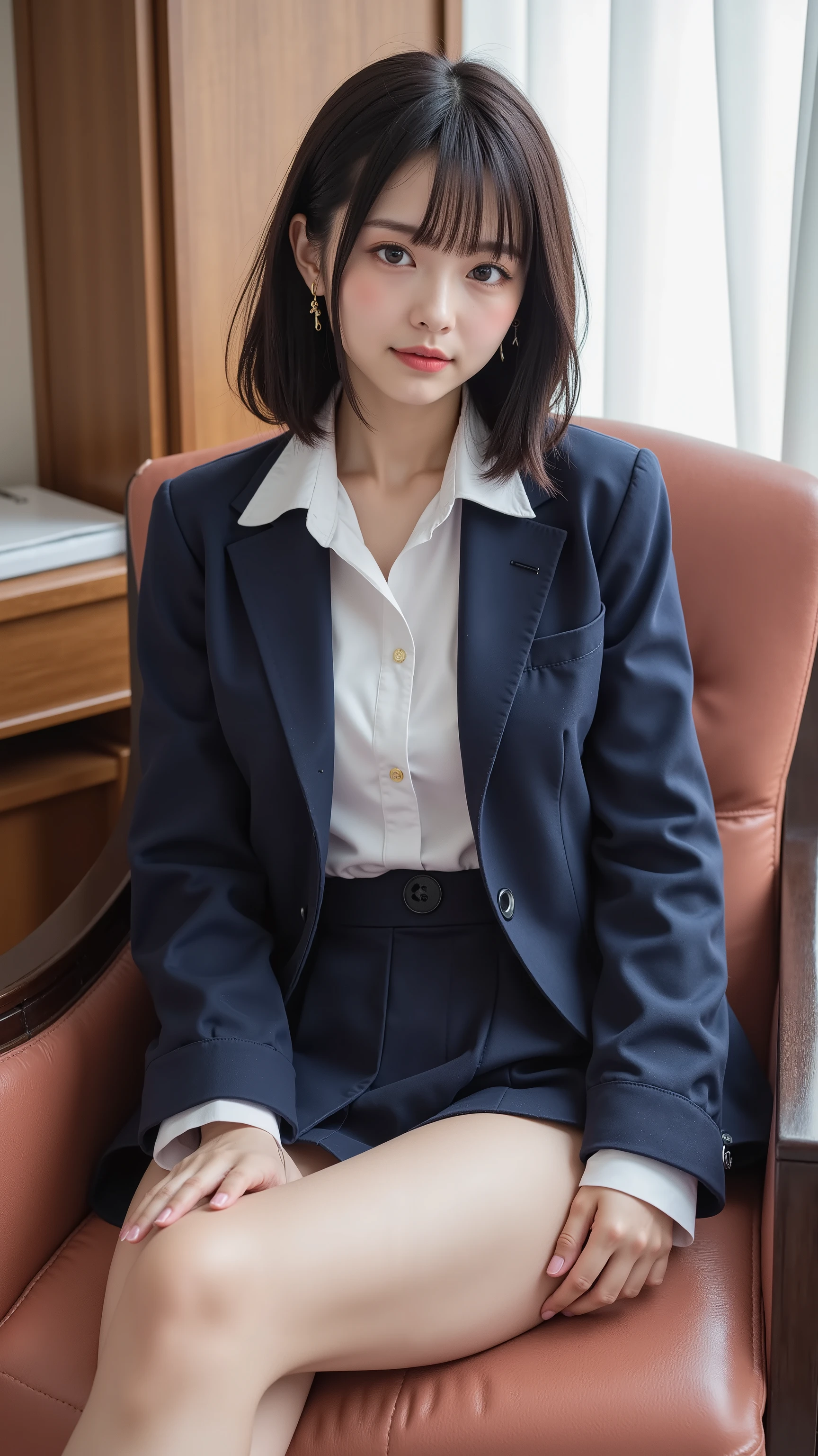 Top Quality, Photorealistic, 8K, High Definition, 1 Girl, Female, (1.8), School, Schoolgirl, Blazer, Uniform, Pubic hair visible, No panties, Skirt boldly pulled up, ((Sit in chair and legs wide open)), Bend your knees and open your legs, Slightly shorter hairstyle, Grab your knees with your hands to open your legs, Buttoned shirt flutters