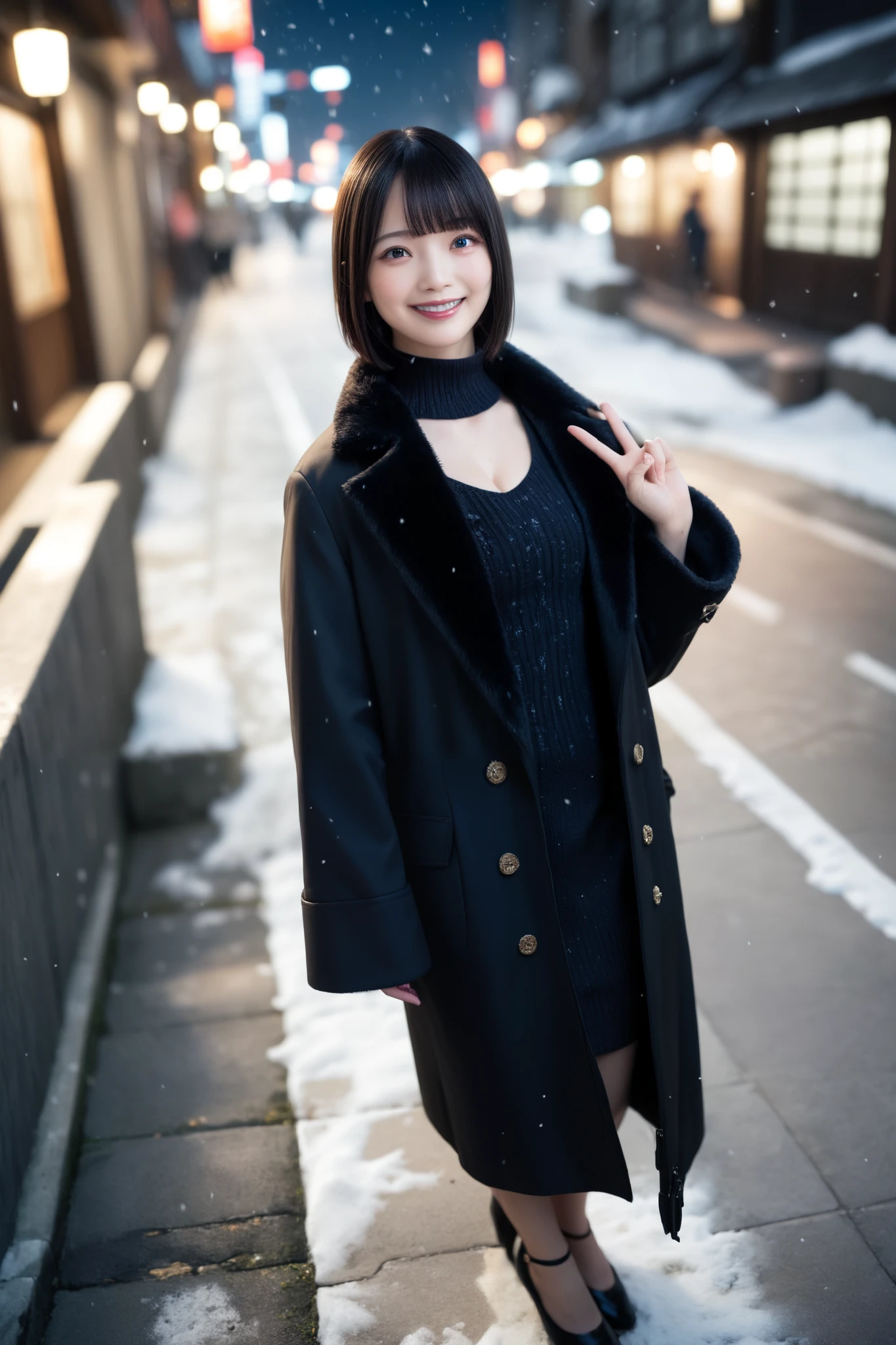 Very Detailed, Detailed, Best Quality, Ultra High Resolution, Highest Resolution, ((Wide Angle, Full Body Photo, 20 year old Japanese woman in a black long coat))), Happy smiling face, Detailed facial expression, Detailed eye depiction, Wide open eyes, Cute double eyelids, Thick lips, Black hair, Black pupils, BREAK, A woman in a black long coat standing on a high pedestrian bridge with the Tokyo night view behind her, wearing a black V-neck sweater underneath the coat, The coat is open at the neckline exposing her cleavage, Night view of the city visible in the distance, Snowing, Hime cut with blunt bangs, Looking at the viewer, High-up angle,