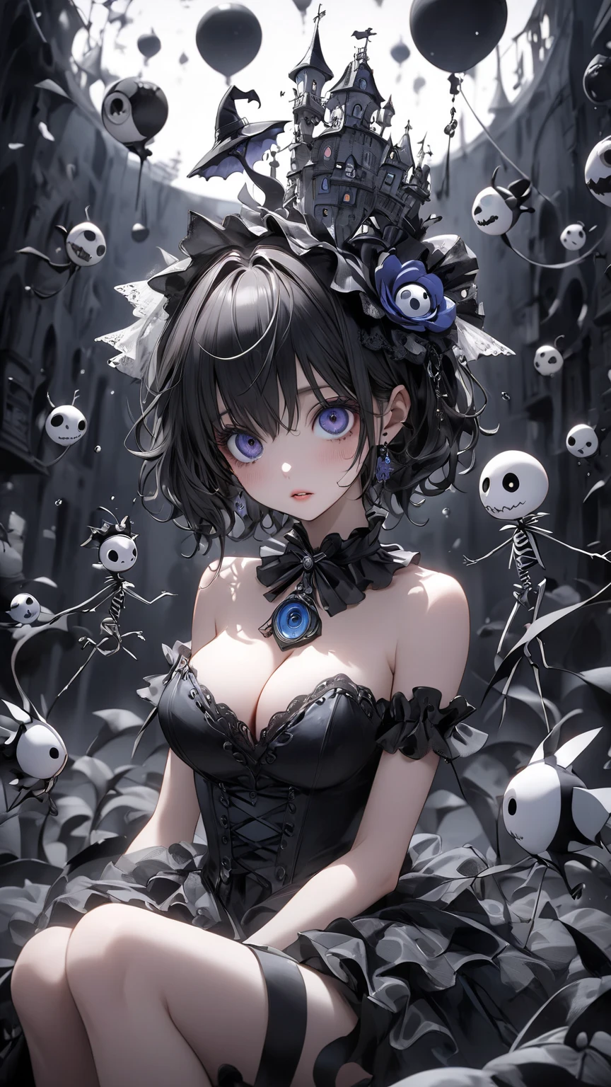whole body, creepy room, skirt, shirt, long sleeves, frills, smile, creepy, skulls, candle, hair ornament, bone, doll, horror theme, absurdres, RAW photo, extremely delicate and beautiful, masterpiece, Best Quality, ultra high resolution, 32k, hyperrealistic, ultra-detailed, detailed description, pale skin, 20 years old, detailed beautiful face and eyes, tearful mole, earring, Colossal tits, short medium hair, wavy hair, 