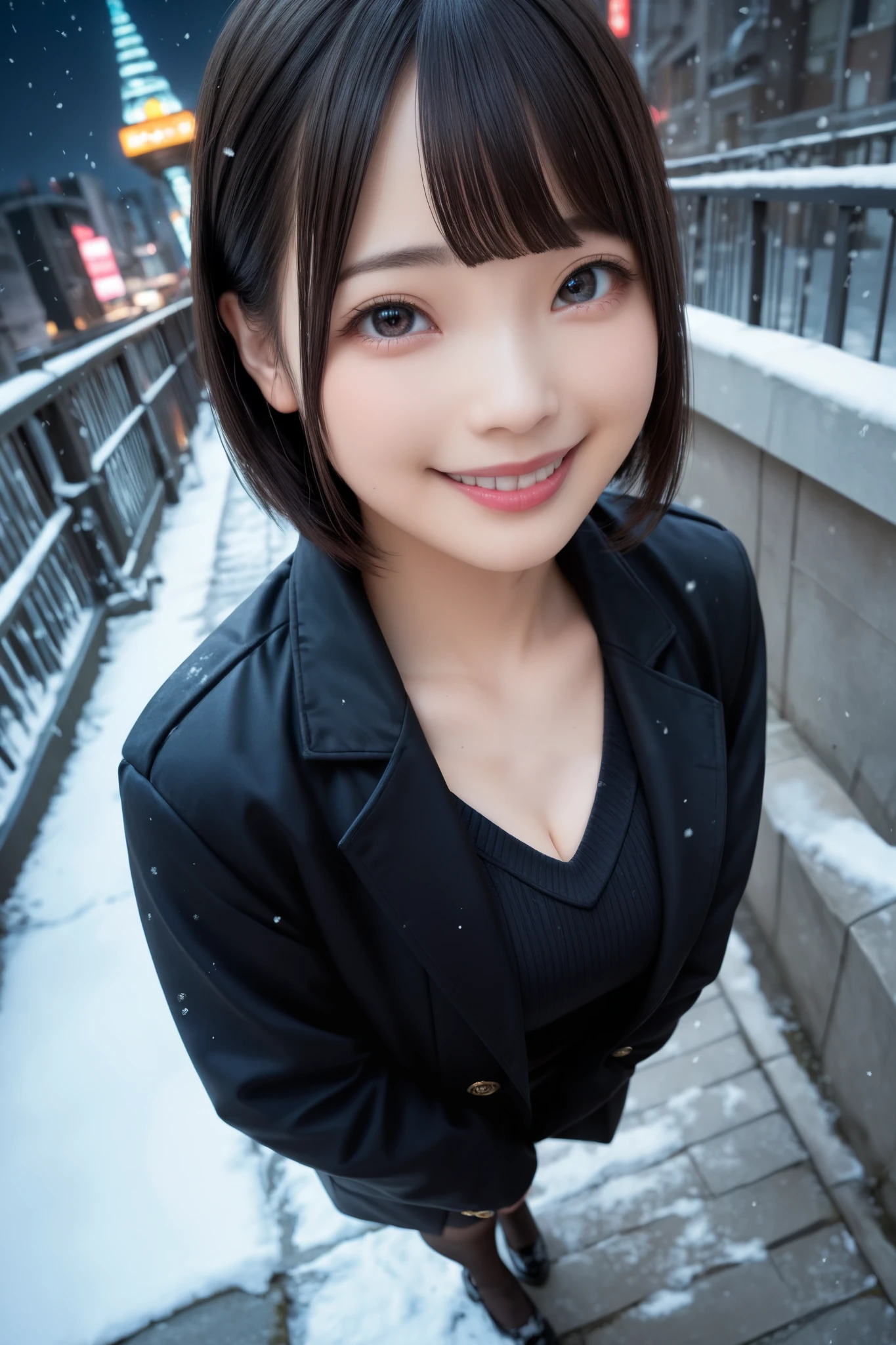 Very detailed, Detailed, Best Quality, Ultra High Resolution, Highest Resolution, ((Wide Angle, Full Body Photo, 20 year old Japanese woman in a long black coat))), Happy smiling face, Detailed facial expression, Detailed eye depiction, Wide open eyes, Cute double eyelids, Thick lips, Black hair, Black pupils, BREAK, A woman in a long black coat standing on a high bridge with the Tokyo night view behind her, wearing a black V-neck sweater underneath the coat, the neckline of the coat is open revealing her cleavage, BREAK, Bridge railings visible in background, City night view visible in distance, Snowing, Pigtails with blunt bangs, Looking at viewer, High-up angle,