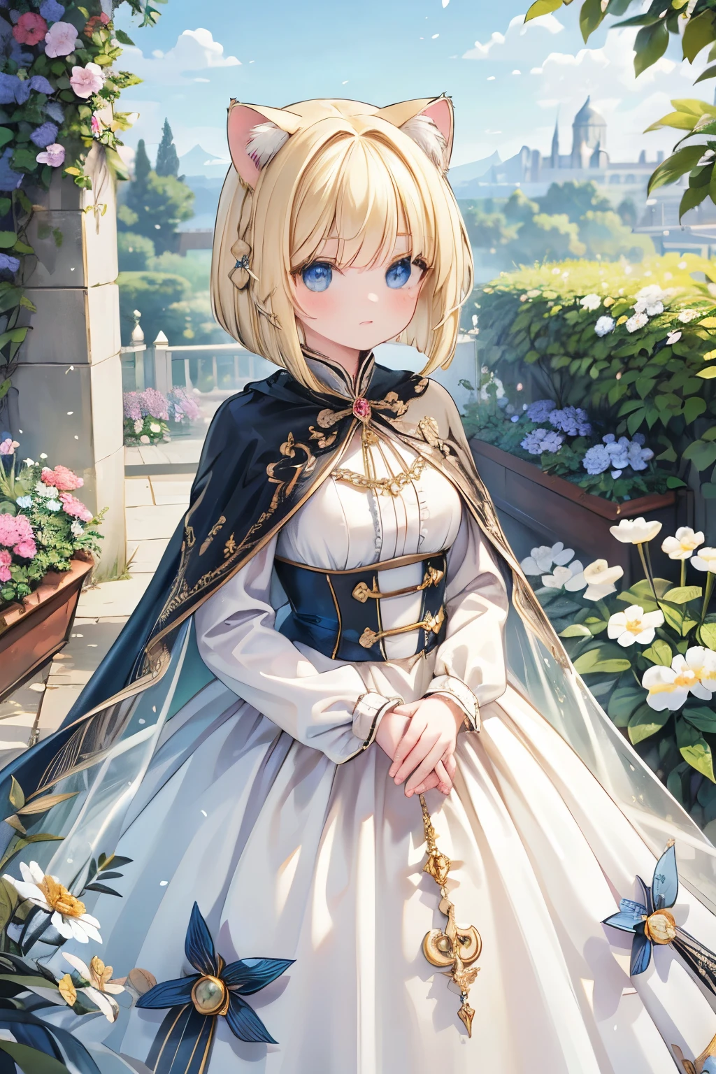 masterpiece, highest quality, Very detailed, 16k, Ultra-high resolution, Cowboy Shot, Detailed face, Perfect Fingers, One female, , blue eyes, Blonde, Braid, royal palace, garden, hey, a dress with a long train and a cape、((Cat ears、 bob cut blonde hair、 popup))