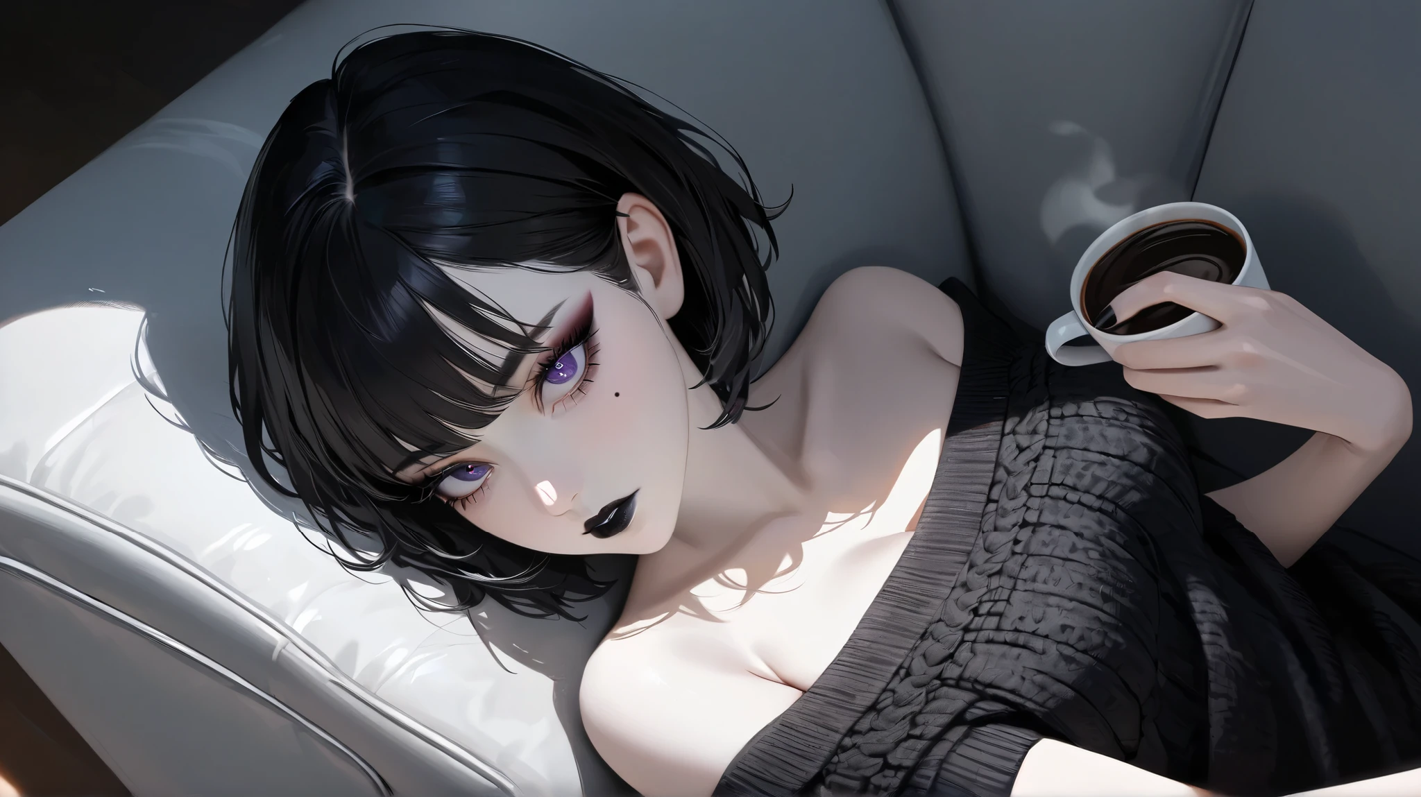 "Highest quality, masterpiece, sharp eyes, good quality, bewitching, very aesthetic, ultra-high resolution, newest, one girl, solo, short hair, side profile, black hair, eyelashes, full lips, mole under the eye, pale white skin, makeup, portrait, jet-black lipstick, mascara, realistic depiction, cinematic lighting, off-shoulder knit, solemn expression, strong shadows, lying on a sofa, holding a coffee cup, being observed from above."