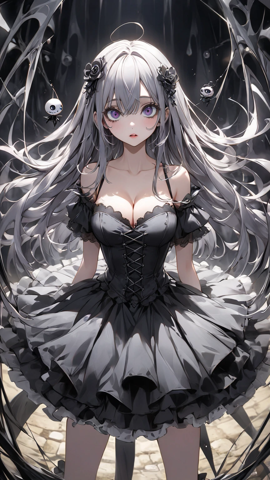 Highest quality,Highest Resolution,Sexy black gothic lolita opens her mouth and drools while shedding tears,Bedroom,Big purple eyes,whole body,