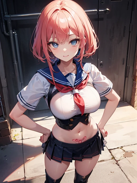 ((Highest quality, 8k, masterpiece :1.3)), (Sharp focus :1.2, Beautiful woman with perfect figure :1.4, Slim Abs :1.2), ((Big Breasts, Emphasize cleavage, The underboob is visible:1.3)), (Photorealistic:1.4), (realistic:1.4), (Pink Hair:1.5), Highly detailed face and skin texture, Fine grain, double eyelid. Makeup face, A little bit of lipstick, sex appeal, Sexy gravure pose, ((White sailor suit and dark blue skirt、The background is a playground、High school girls running、Earrings。:1.3)