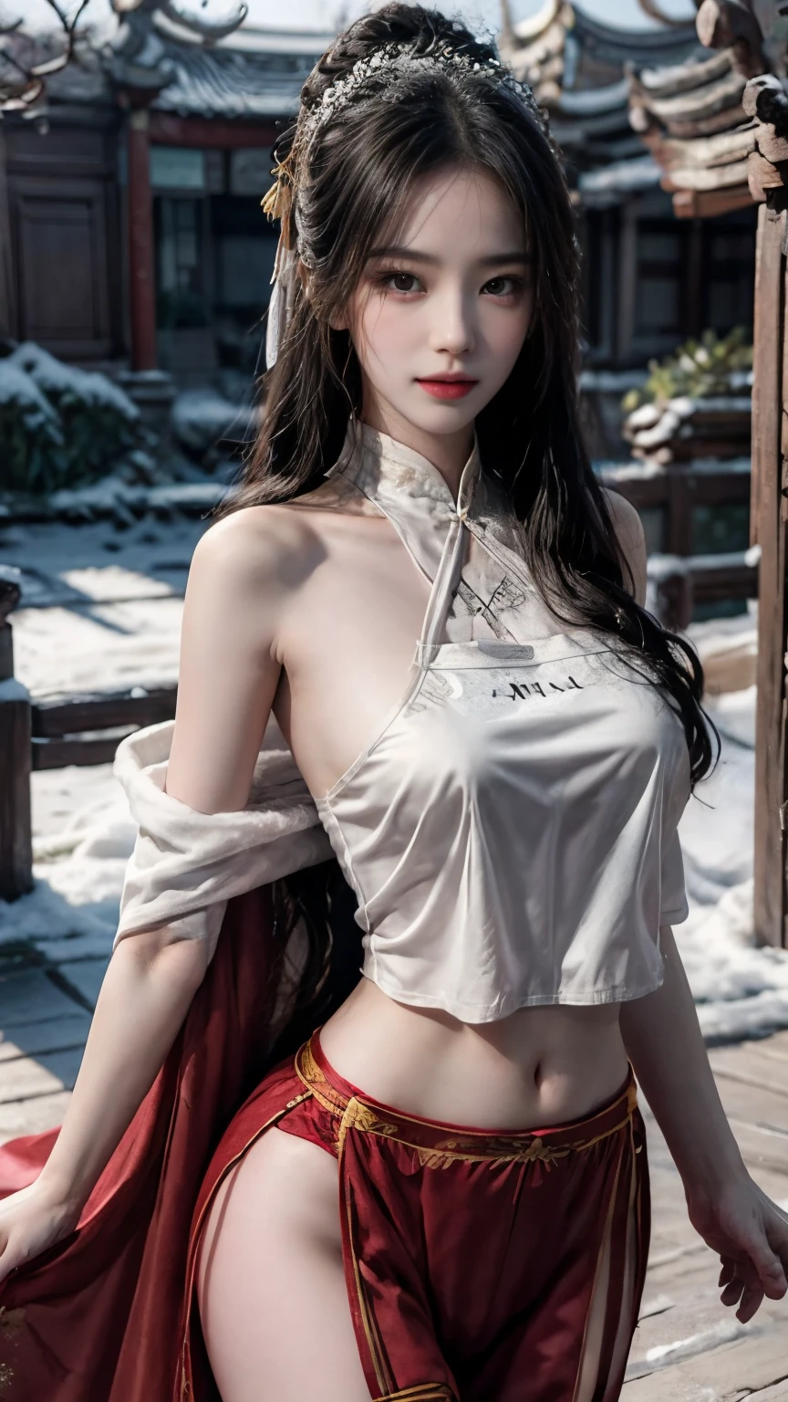 (Masterpiece), (nonsense), (The lens focuses on the thigh.), Shiny skin, girl, alone, Sparkling students, Long eyelashes, gag, long hair, Striped hair, Wavy hair, (Chinese marsupial:1.27),(red doll coat:1.2),see viewers, (snowy,nighttime,bright old temple:1.3), movie light,(Ultra-realistic textile textures),,award winning photos, Extremely detailed, miraculous, details, (Extremely detailed eyes:1.125) and face, กล้อง Kodak Porter 400 F1.6, colorful lenses ,Realistic textures, very realistic ,unreal engine ,Trend Tungsten Lamp ArtStation Cinestill 800, beautiful woman, Ulzzang-6500, (seductive smile),