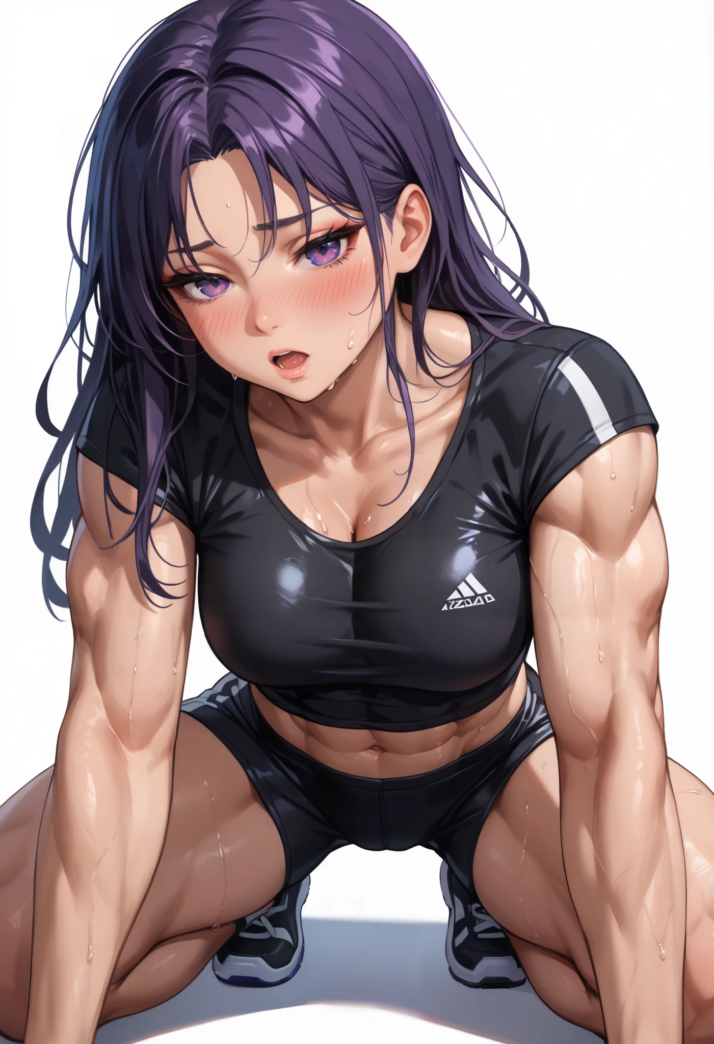 ((White background ))  (Curve:0.9), rathing_questionable , (Purple Long hair),  makeup, Ultra Detail Hair, (Purple eyes:1.2), (blush:1.2), (black sports shorts:1.3), (Black tight crop top t-shirt:1.4), tall, long sexy legs, cleavage ,((hyper muscular:0.4)) , ((small breasts:0.5)), (strong) , (muscular) ,sexy, Tired, sweat all over, mouth open ((Sit-ups:1.4))  