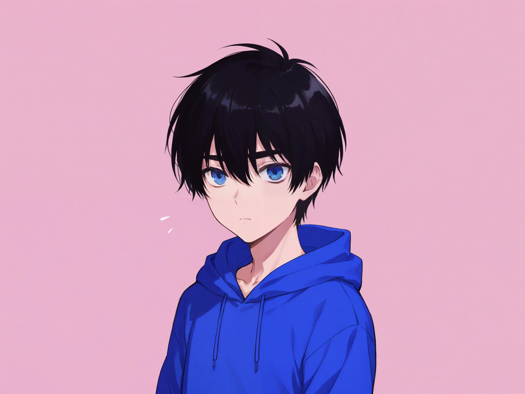 Anime Man with short black hair and Blue eyes. Blue hoodie. No background. Frowning.