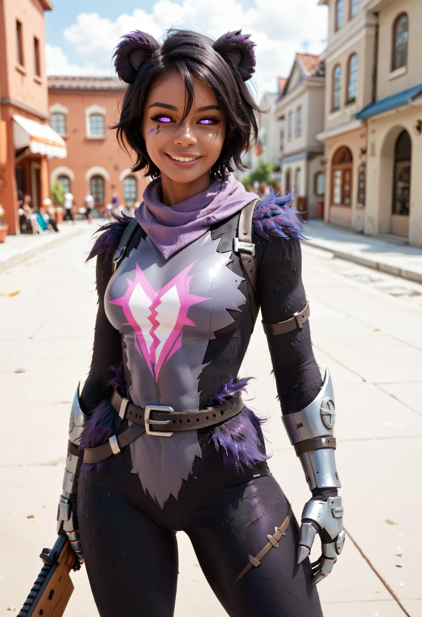 RavenTeamLeaderSDXL,1girl,solo,belt,belt,body fur,bodysuit,scar on one eye,dark skin,straps,gauntlets,purple scarf,scarf,black sclera,bear ears,dark-skinned female,animal ears,purple eyes,black hair, realistic. tanned skin girl, cute, 4ng3l face. smile. Dynamic pose. hair between the eyes. background outdoors, She holds a rifle.