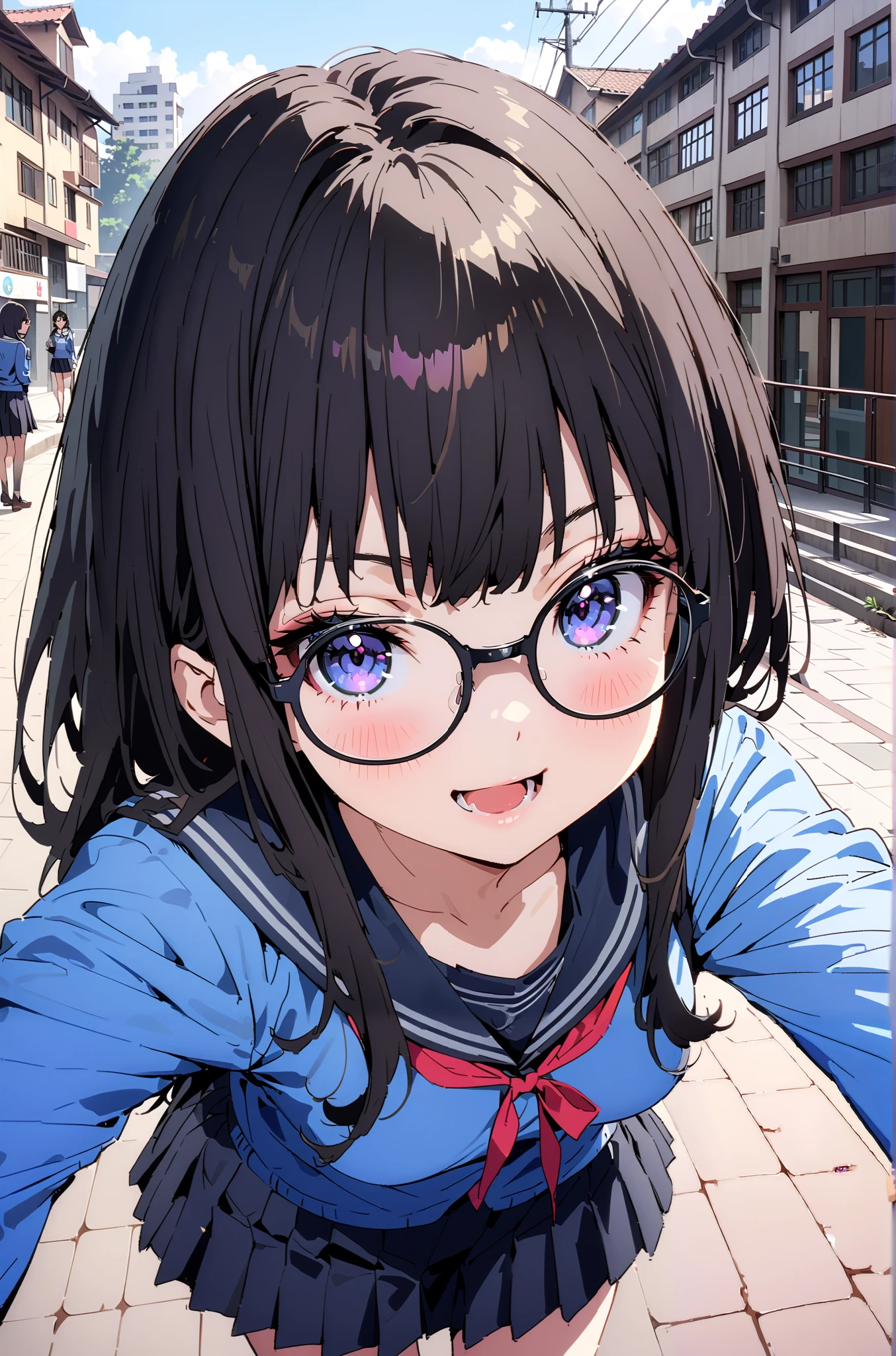 Takiuchikami, check it out, Alone, long hair, bangs, black hair, purple eyes ,smile,blush, open your mouth,Glasses, black sailor suit that grabs the thigh,blue cardigan, Long Sleeve, black mini pleated skirt ,Black socks,,incoming Food, chocolate, holding, holding chocolate, holding Food, Food, is standing,building,noon, so that the whole body is in the illustration,
break indoors, classroom,
break looking at viewer,
break ( Masterpiece:1.2), top quality , kampala, Unity 8k Wallpaper,(shape:0.8),( fine, beautiful eyes :1.6),It's a person , full body photo,CG Details , ( perfect hands, Complete Anatomy),),