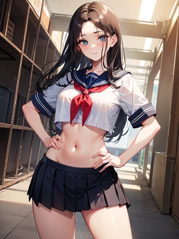 anime style: Kimi no Koto ga Dai Dai Dai Dai Daisuki na 100-nin no Kanojo, symmetrical face, white woman and light brown hair, young woman of 1, very realistic anime, a slave woman from ancient Egypt with a crop top period linen, short tight miniskirt, body similar to Priscilla Ricart, walking to the bank of the Nile River with very short clothing thin and light as air, very sexy and seductive girl, 38D cup breasts, with facial details and intricate realistic elements, tanga view, random angle, nsfw