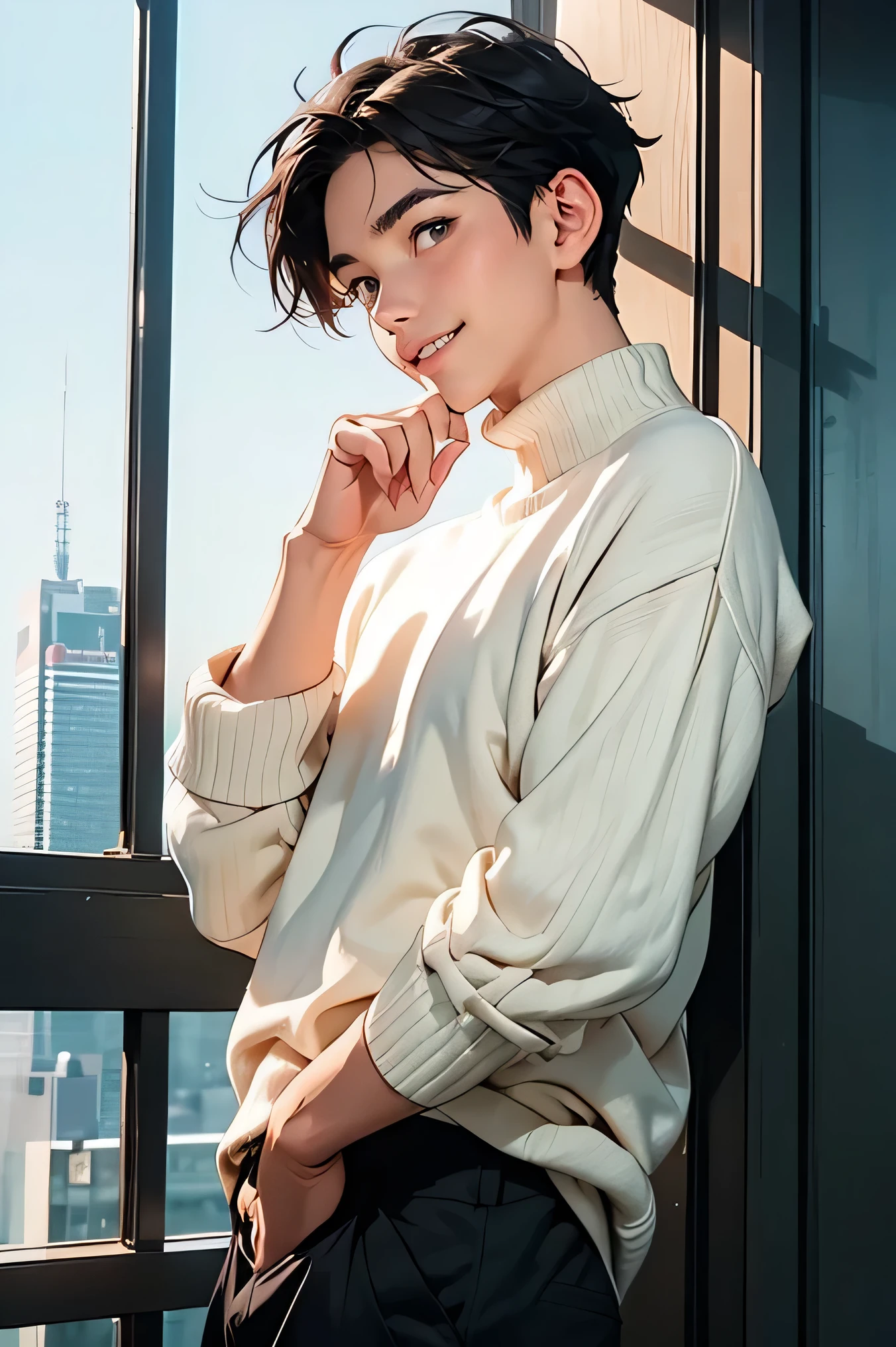 Japanese male handsome short dark hair short cropped slim figure Oversized Thick Sweaters in a fully glazed training room A group of futuristic urban skyscrapers on a cold day outdoors openしたポーズ smile open pose with open crotch lower body nudes You can see a little bit of mega-mockori from the hem of the sweater