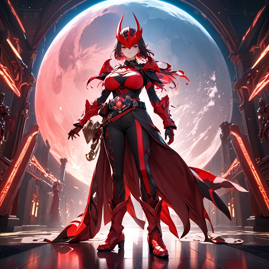 The picture shows it (Lovely) Apprentice mechanic girl. Her gaze is penetrating, Her face is hidden behind a mask with monitors and LEDs. Elegant mechanical limbs enhance her elegant appearance, Her outfit highlights her strength and uniqueness in the tech world, Big Head, Lovely girl, Red cape , lol, (((Red Cliff)), whole body, full length,