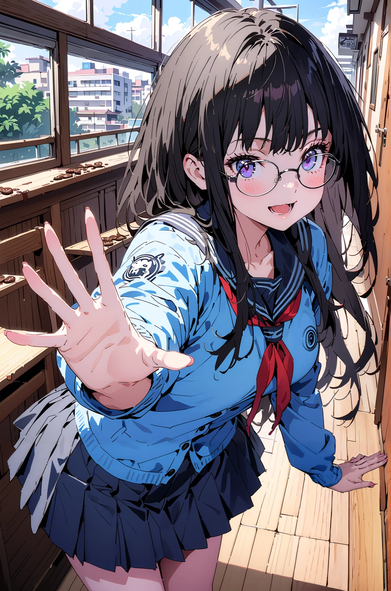 Takiuchikami, check it out, Alone, long hair, bangs, black hair, purple eyes ,smile,blush, open your mouth,Glasses, black sailor suit that grabs the thigh,blue cardigan, Long Sleeve, black mini pleated skirt ,Black socks,,incoming Food, chocolate, holding, holding chocolate, holding Food, Food, is standing,building,noon, so that the whole body is in the illustration,
break indoors, classroom,
break looking at viewer,
break ( Masterpiece:1.2), top quality , kampala, Unity 8k Wallpaper,(shape:0.8),( fine, beautiful eyes :1.6),It's a person , full body photo,CG Details , ( perfect hands, Complete Anatomy),),