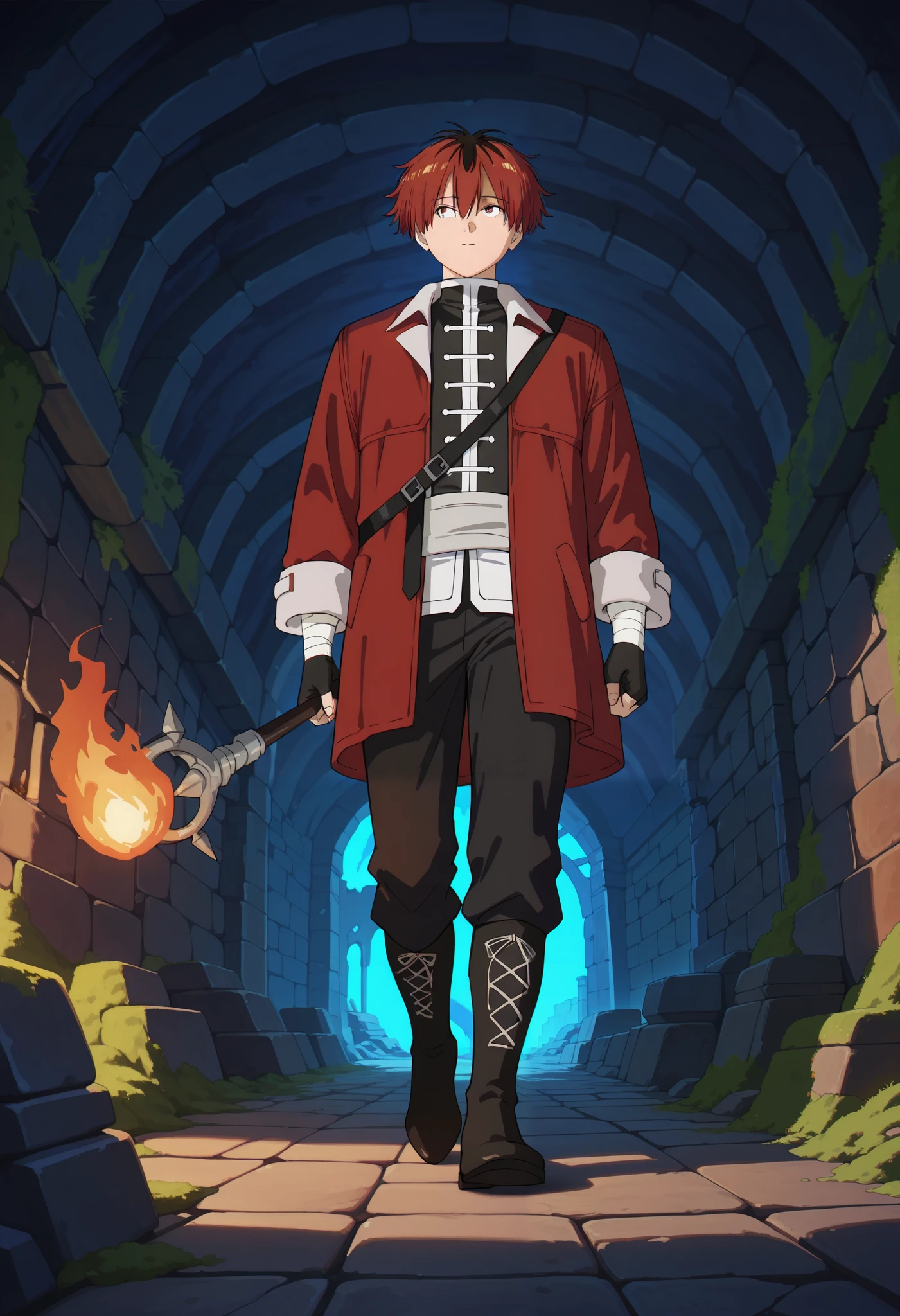 masterpiece, best quality, intricate details, semi-realistic, , , 1boy, solo, male focus, stark_sousou_no_frieren, red hair, red eyes, short hair, bangs, hair between eyes, multicolored hair, two-tone hair, black hair, dungron, moss walls, torch, walking, low angle, (underground), stone bricks, ruins, moss, ((portrait))
