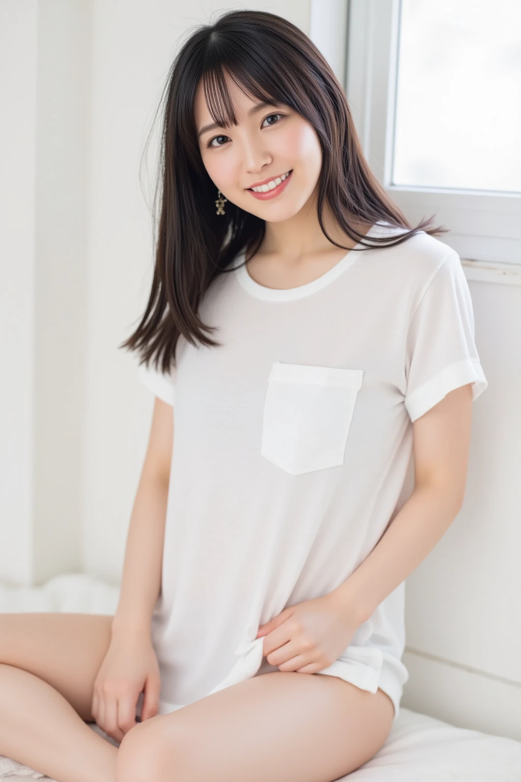 masutepiece, Best Quality, 8K, 1 girl, 20 yo, Full body, Solo, Arch Smile, Cute, Girly, Delicate girl, Neat and clean beauty,  Raw photo, Professional Photography, Portrait, Soft light, Professional Lighting, Back lighting, look forward to your eyes, Sophisticated, Film grain, (Eyes and faces with detailed:1.0), Wearing an oversized T-shirt and nothing else, Short-length floating hair, Beautiful flowing hair,  Indoor