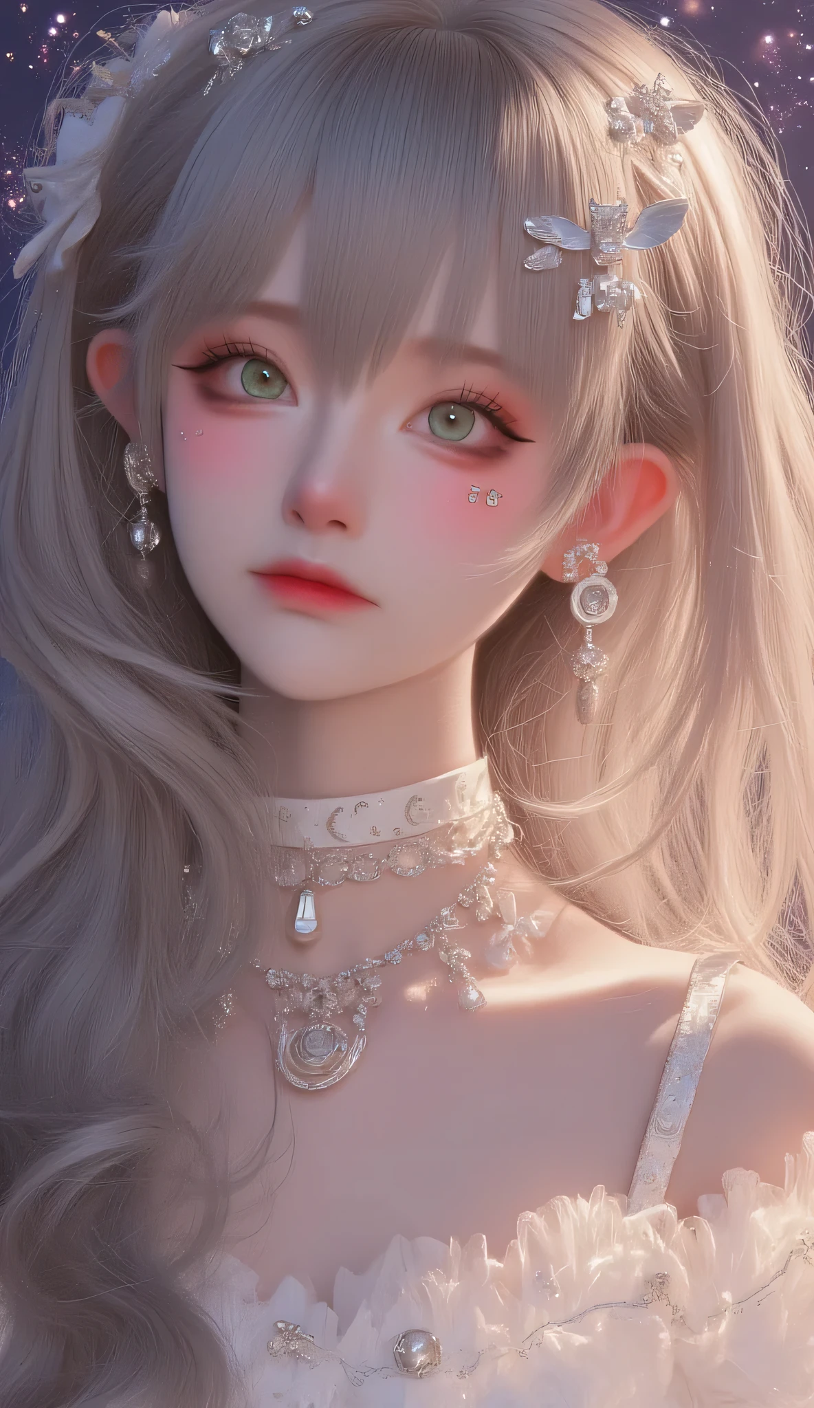 **" Anime girl with long , with iridescent silver hair , that flow , like streams of moonlight . Her eyes are emerald , deep, filled with magic and reflecting the infinity of the universe. Her face has a light blush , are in the air and under her eyes there are subtle freckles , that give her a gentle , natural charm . She is wearing a translucent dress , woven from the energy of the stars . Magical patterns flicker on the fabric , reminiscent of ancient symbols , flashing soft from time to time with . The edges of the dress are slightly dirty , as if they don't obey the laws of gravity . Floating magic glyphs , shimmering with soft shades of purple and blue . In the background there is a fantastic landscape : Floating Islands, ancient ruins, a starry sky with two moons and shining clouds . The whole space is filled with light particles of light , creating an atmosphere of mystery and magic . Her pose is elegant , Graceful, with a slight hint of shyness , but in her eyes there is wisdom and inner strength . She is surrounded by an aura of magic , that makes her look like the goddess of starlight."**