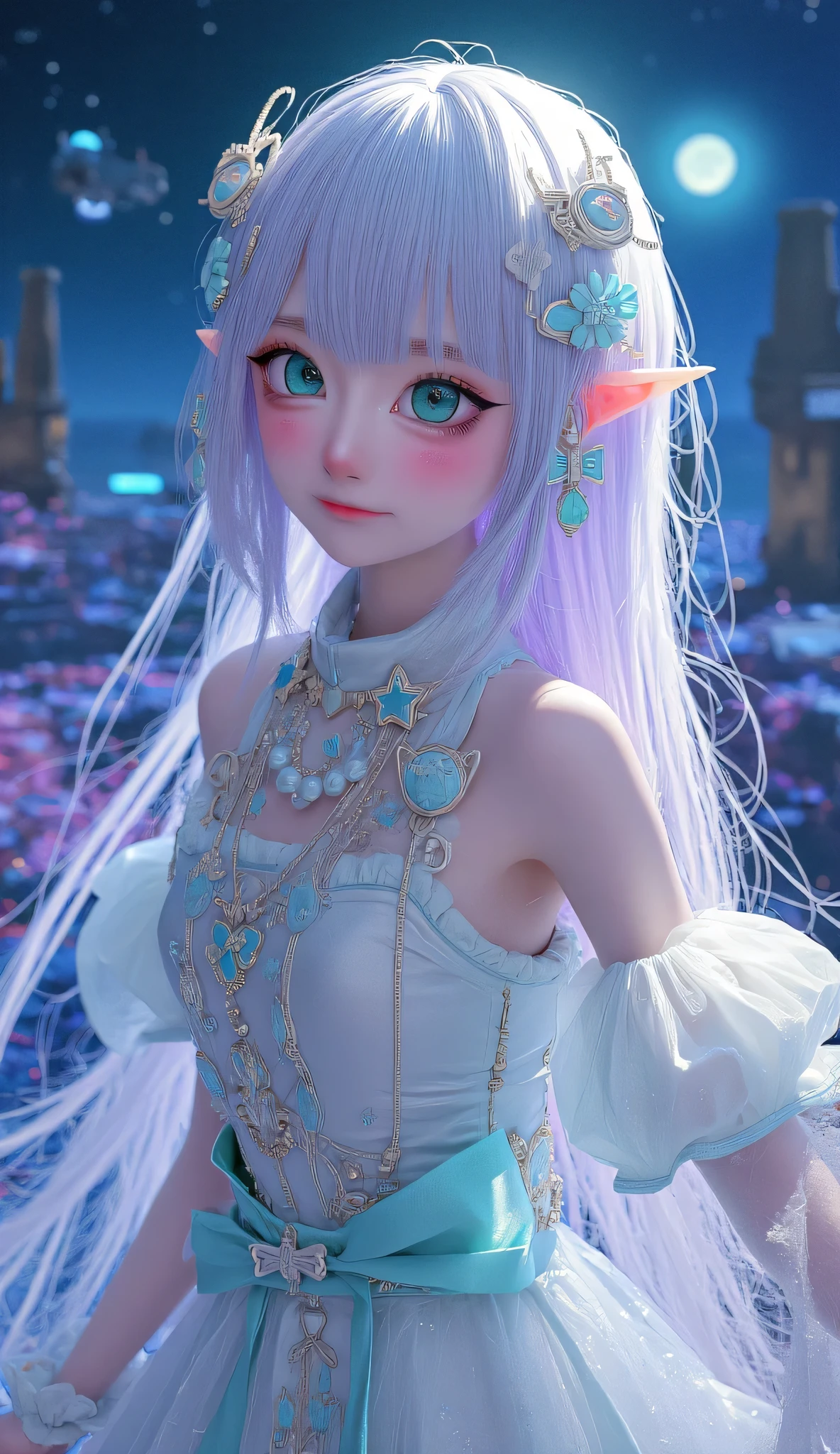 **" Anime girl with long , with iridescent silver hair , that flow , like streams of moonlight . Her eyes are emerald , deep, filled with magic and reflecting the infinity of the universe. Her face has a light blush , are in the air and under her eyes there are subtle freckles , that give her a gentle , natural charm . She is wearing a translucent dress , woven from the energy of the stars . Magical patterns flicker on the fabric , reminiscent of ancient symbols , flashing soft from time to time with . The edges of the dress are slightly dirty , as if they don't obey the laws of gravity . Floating magic glyphs , shimmering with soft shades of purple and blue . In the background there is a fantastic landscape : Floating Islands, ancient ruins, a starry sky with two moons and shining clouds . The whole space is filled with light particles of light , creating an atmosphere of mystery and magic . Her pose is elegant , Graceful, with a slight hint of shyness , but in her eyes there is wisdom and inner strength . She is surrounded by an aura of magic , that makes her look like the goddess of starlight."**