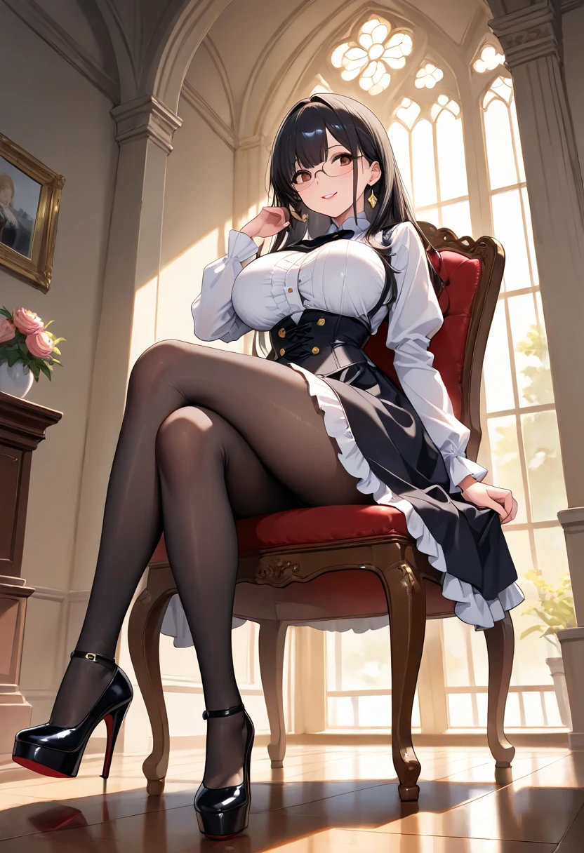 Masterpiece, Best quality,HD delicate face，1girll，huge tit，squatting open legs，Black lace stockings，high-heels，Ceiling view。