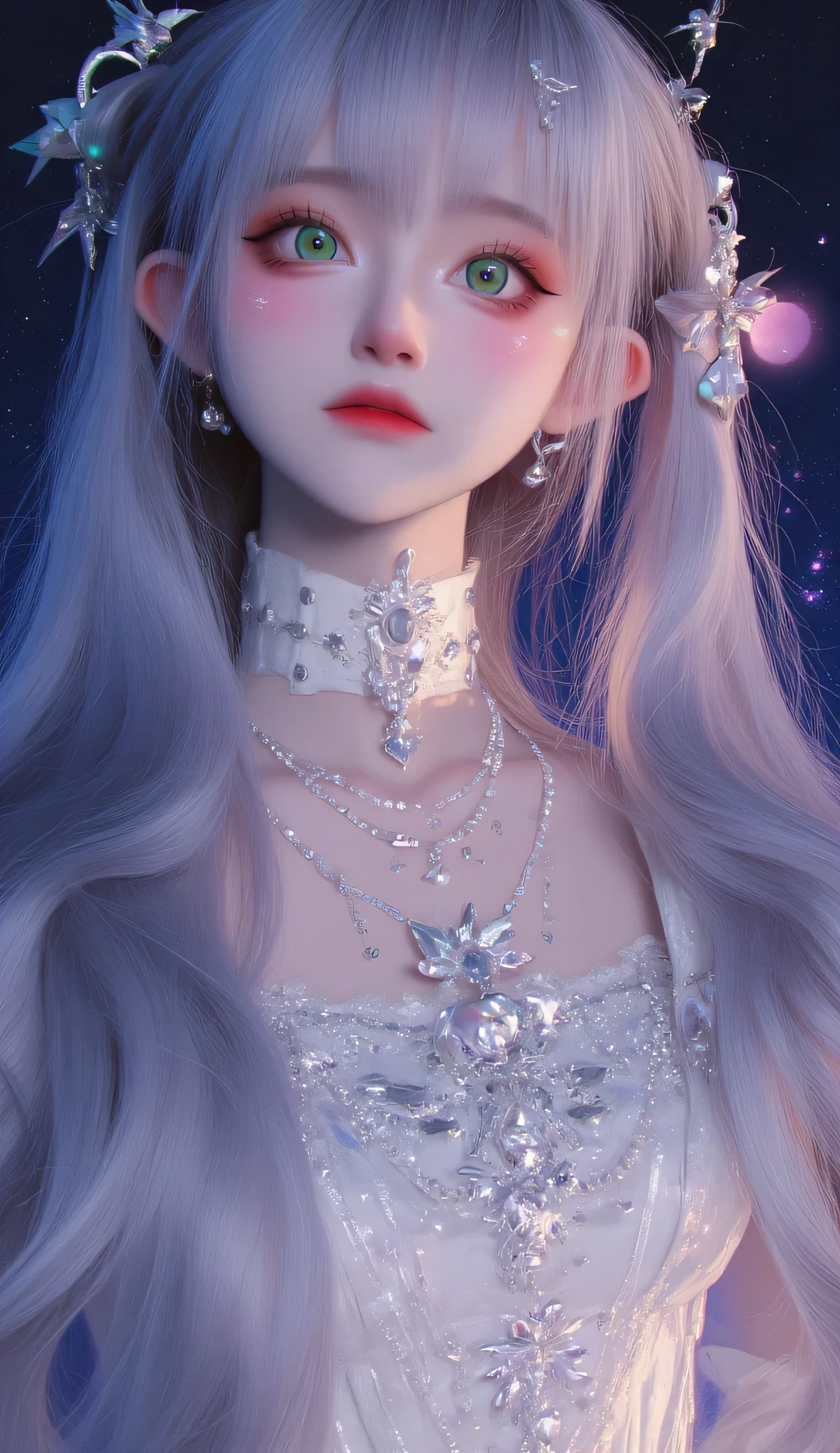 **" Anime girl with long , with iridescent silver hair , that flow , like streams of moonlight . Her eyes are emerald , deep, filled with magic and reflecting the infinity of the universe. Her face has a light blush , are in the air and under her eyes there are subtle freckles , that give her a gentle , natural charm . She is wearing a translucent dress , woven from the energy of the stars . Magical patterns flicker on the fabric , reminiscent of ancient symbols , flashing soft from time to time with . The edges of the dress are slightly dirty , as if they don't obey the laws of gravity . Floating magic glyphs , shimmering with soft shades of purple and blue . In the background there is a fantastic landscape : Floating Islands, ancient ruins, a starry sky with two moons and shining clouds . The whole space is filled with light particles of light , creating an atmosphere of mystery and magic . Her pose is elegant , Graceful, with a slight hint of shyness , but in her eyes there is wisdom and inner strength . She is surrounded by an aura of magic , that makes her look like the goddess of starlight."**