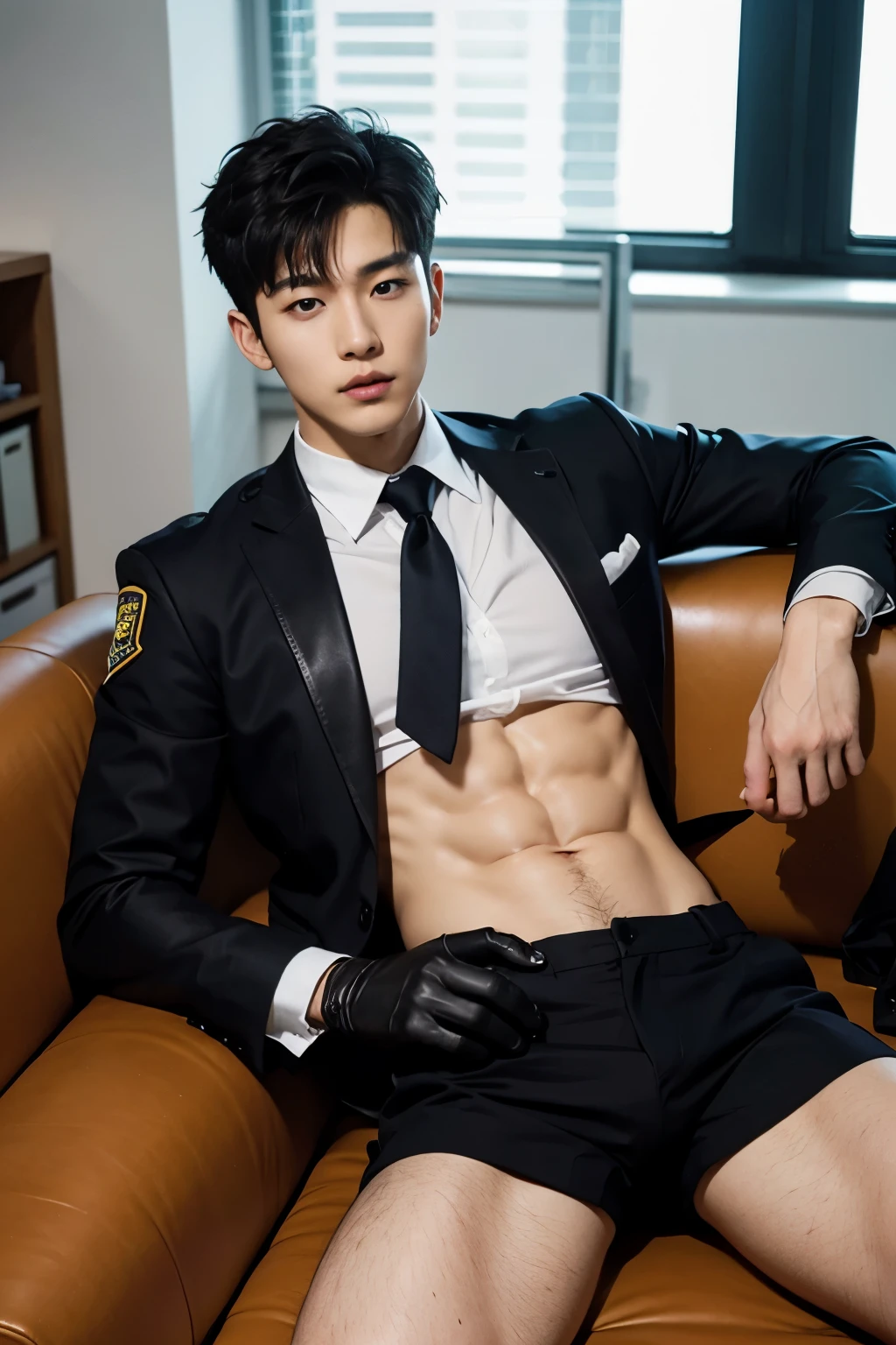1 handsome Japanese guy，27years old，justice majesty，wearing black uniform，Wear a red tie，tall，Muscular，Muscles look good，hairy bodies，with fair skin，黑The eye（thin eyes 1：3），fully body photo, getting rape , open shirt , nsfw , eroticism