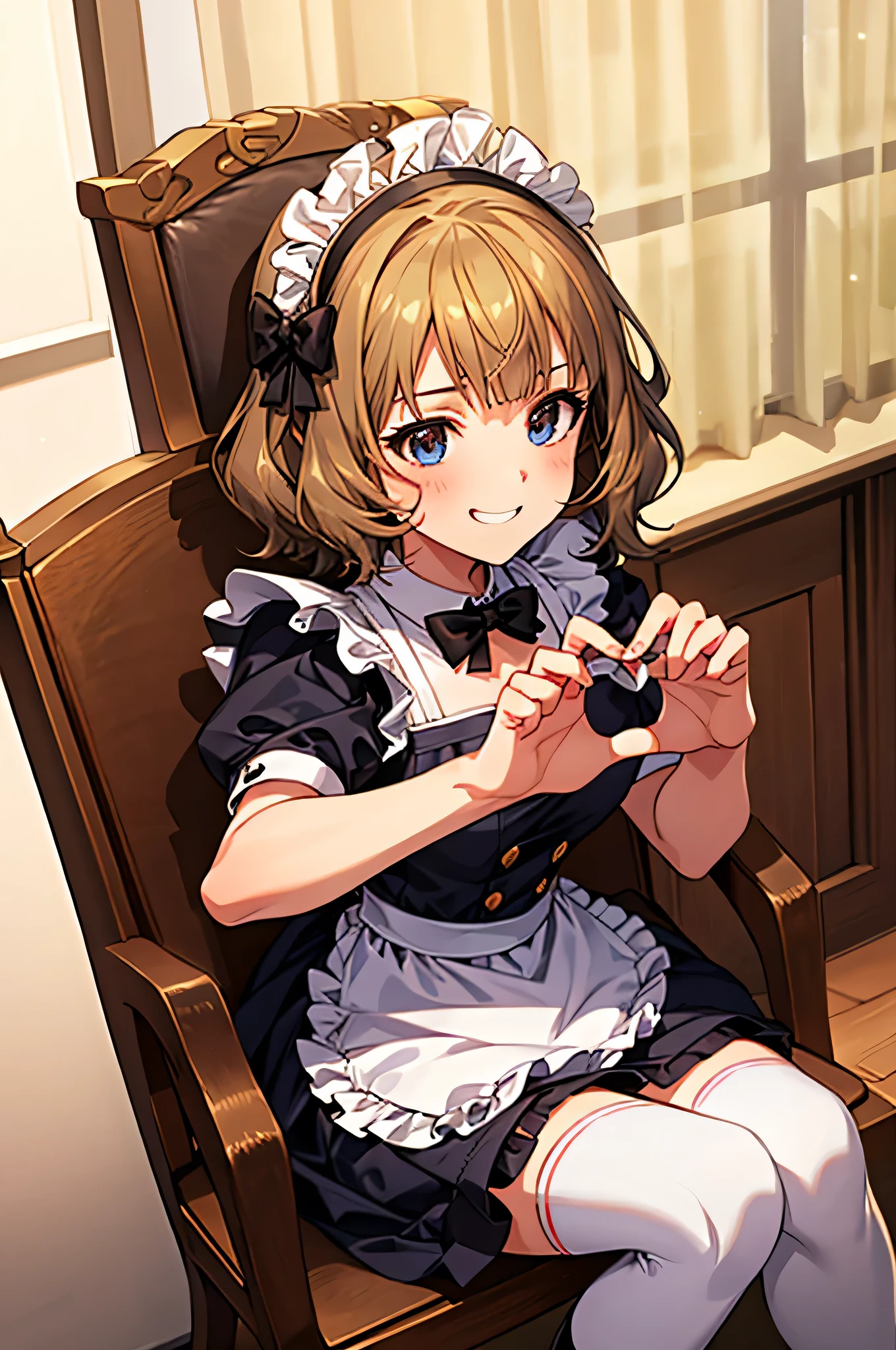 insanely detailed, She is cute, She is sitting on a chair, Her portrait is drawn in a with face shot and front view. (best quality, HDR, masterpiece, 8K, ultra detailed:1.2), 1girl, solo, One girl, apron, bow, cube hair ornaments, dress, Frills, dark (Performance), hair ornaments, heart, heart hands, Maid, Maid apron, Maid headdress, Mary Jane, shoes, short dress, alone, Knee socks, white Knee socks, zettai ryouiki, Smile, Heart pose with both hands(1.3), momoko suou (million live), cinematic angle, sparkle, shiny skin, cowboy shot, slight smile, blush, Correct generation of 4fingers and 1thumbs and hands and arms(1.3),, nice hands(1.3), perfect hand(1.3),. cute, vibrant colors, sharp focus, high-quality look, insanely detailed eyes, highly detailed face, refined body, flawless skin, perfect anatomy(1.3), beautiful lighting