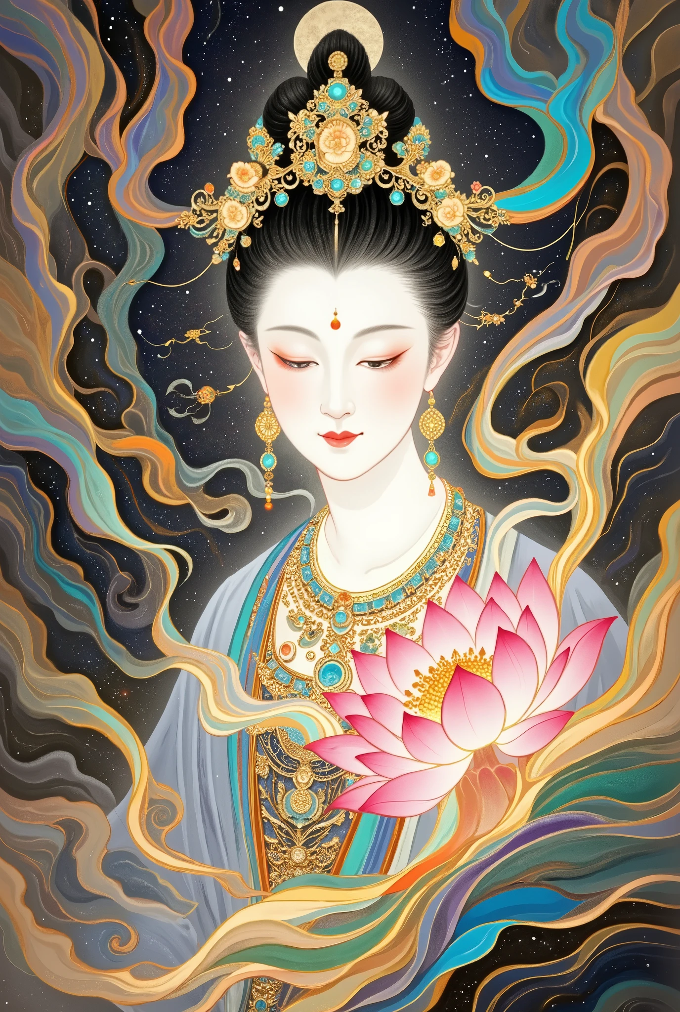a beautiful art illustration , Dream Painting, , intricate fantasy painting , Wonderful fantasy landscape art , Chinese style illustrations,Silk Road,camel,Dunhuang,Chinese ancient buildings,Cloisonne, Cloisonne enamel ,antiquity,Crescent Moon,Buddha,The Flying Fairy,Portrait of beautiful Guanyin holding pink lotus flower,Double Exposure,guard