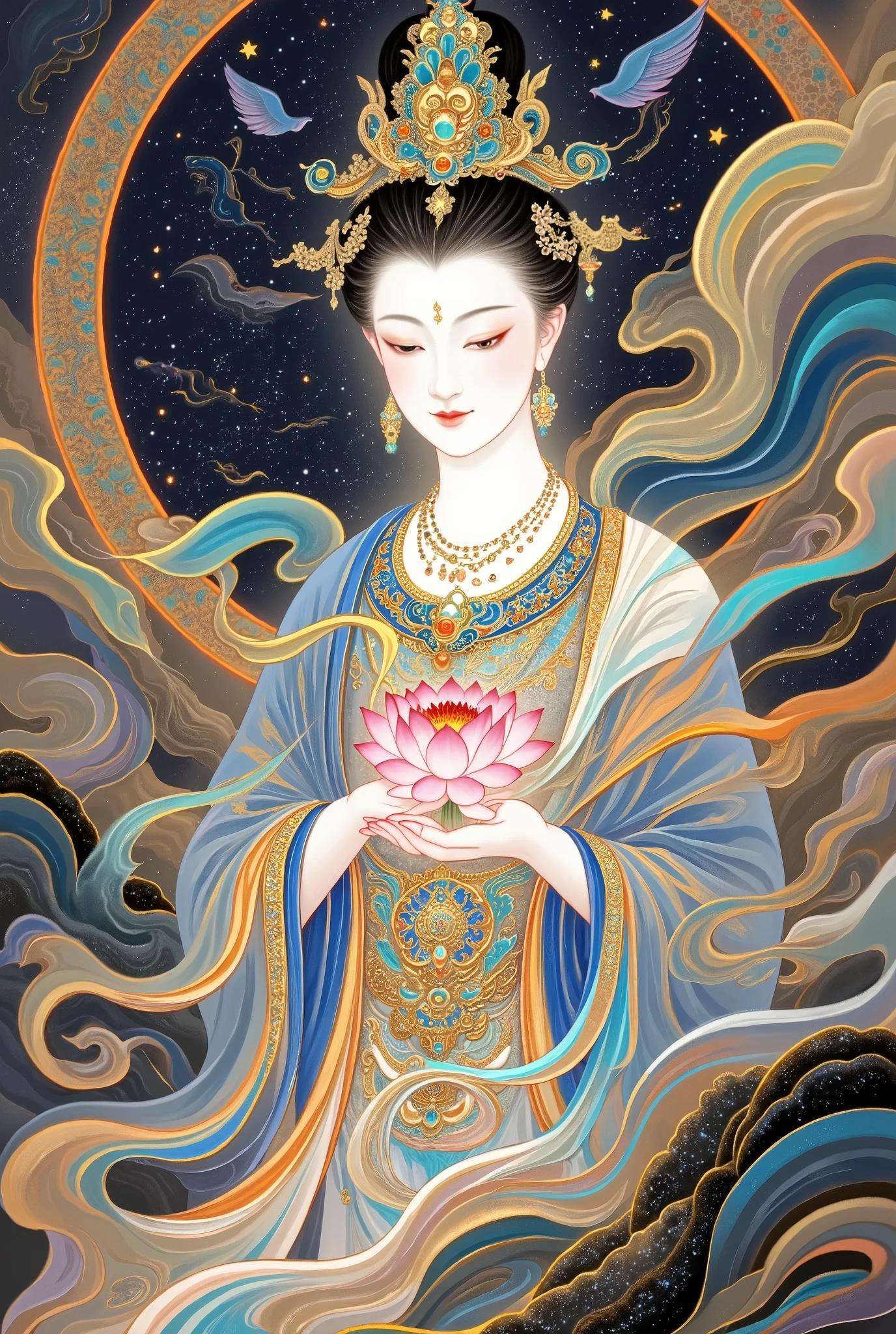 a beautiful art illustration , Dream Painting, , intricate fantasy painting , Wonderful fantasy landscape art , Chinese style illustrations,Silk Road,camel,Dunhuang,Chinese ancient buildings,Cloisonne, Cloisonne enamel ,antiquity,Crescent Moon,Buddha,The Flying Fairy,Portrait of beautiful Guanyin holding pink lotus flower,Double Exposure,guard