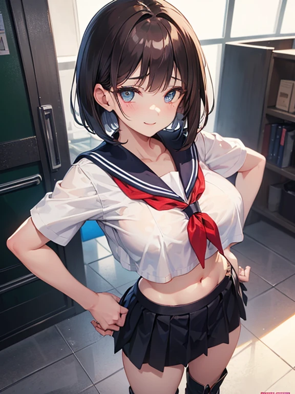 (hentai:1.1), (Ideal:1.1), (perfect:1.1), (flawless:1.1), (highest quality:1.2), (best quality:1.2), 1girl, (school uniform:1.05), cute, (very small height:1.4), (li:1.4), (naughty smirk:1.2), lewd pose, detailed body, (big breasts, huge boobs:1.3), short hair, highly detailed eyes, highest quality eyes, 4K, highest quality resolution, best quality resolution, best quality upscale,