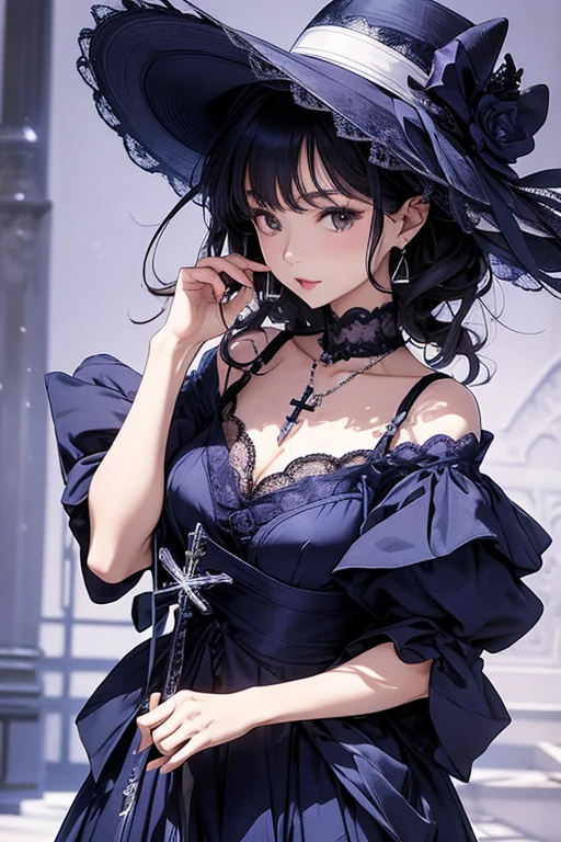absurdres, RAW photo, extremely delicate and beautiful, masterpiece, Best Quality, ultra high resolution, 32k, hyperrealistic, ultra-detailed, delicate facial features, beautiful detailed woman, tearful mole, earring, medium breasts, full body shot, medium hair, black hair, Witch dress,
