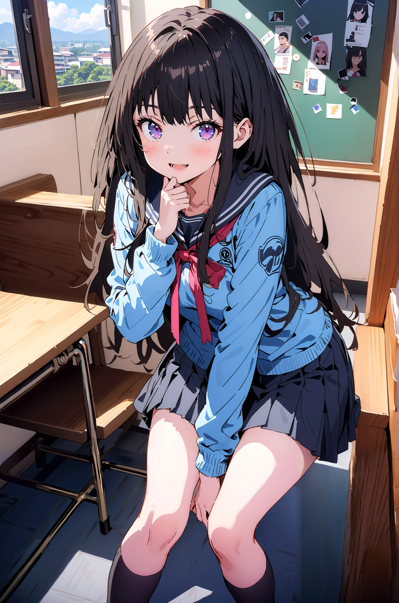 Takiuchikami, check it out, Alone, long hair, bangs, black hair, purple eyes ,smile,blush, open your mouth,Glasses, black sailor suit that grabs the thigh,blue cardigan, Long Sleeve, black mini pleated skirt ,Black socks, give a heart-shaped present,, is standing,noon, so that the whole body is in the illustration,
break indoors, classroom,
break looking at viewer,
break ( Masterpiece:1.2), top quality , kampala, Unity 8k Wallpaper,(shape:0.8),( fine, beautiful eyes :1.6),It's a person , full body photo,CG Details , ( perfect hands, Complete Anatomy),),