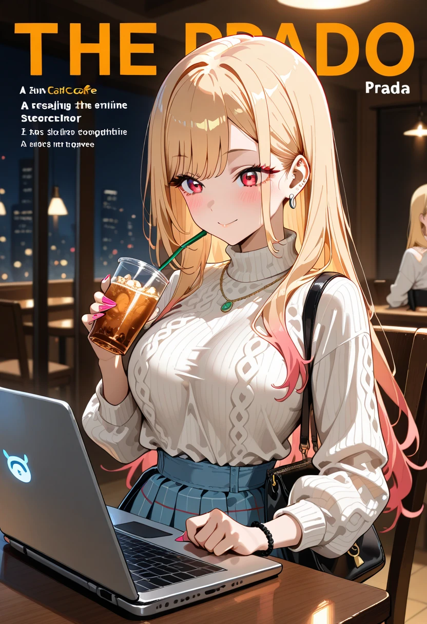 (extremely detailed CG unity 8k wallpaper), (((masterpiece))), (((best quality))), ((ultra-detailed)), (((illustration))), (best shadow), ((an extremely delicate and beautiful)), (detailed light), (well designed face), amazing face, (super detailed), cinematic shot, beautiful detailed eyes, detailed background, 1girl, solo, ((pink hair)), ((multicolored hair)), ((red eyes)), ((wavy hair)), (headband), ((halterneck)), huge breasts, firts rate breasts, first rate female bodies, (sleveless sweater), ((open chest sweater)), white jacket, open jacket, inside a cafe, interior design, bewitching thighs, smile, one eye closed, (sexy lips),