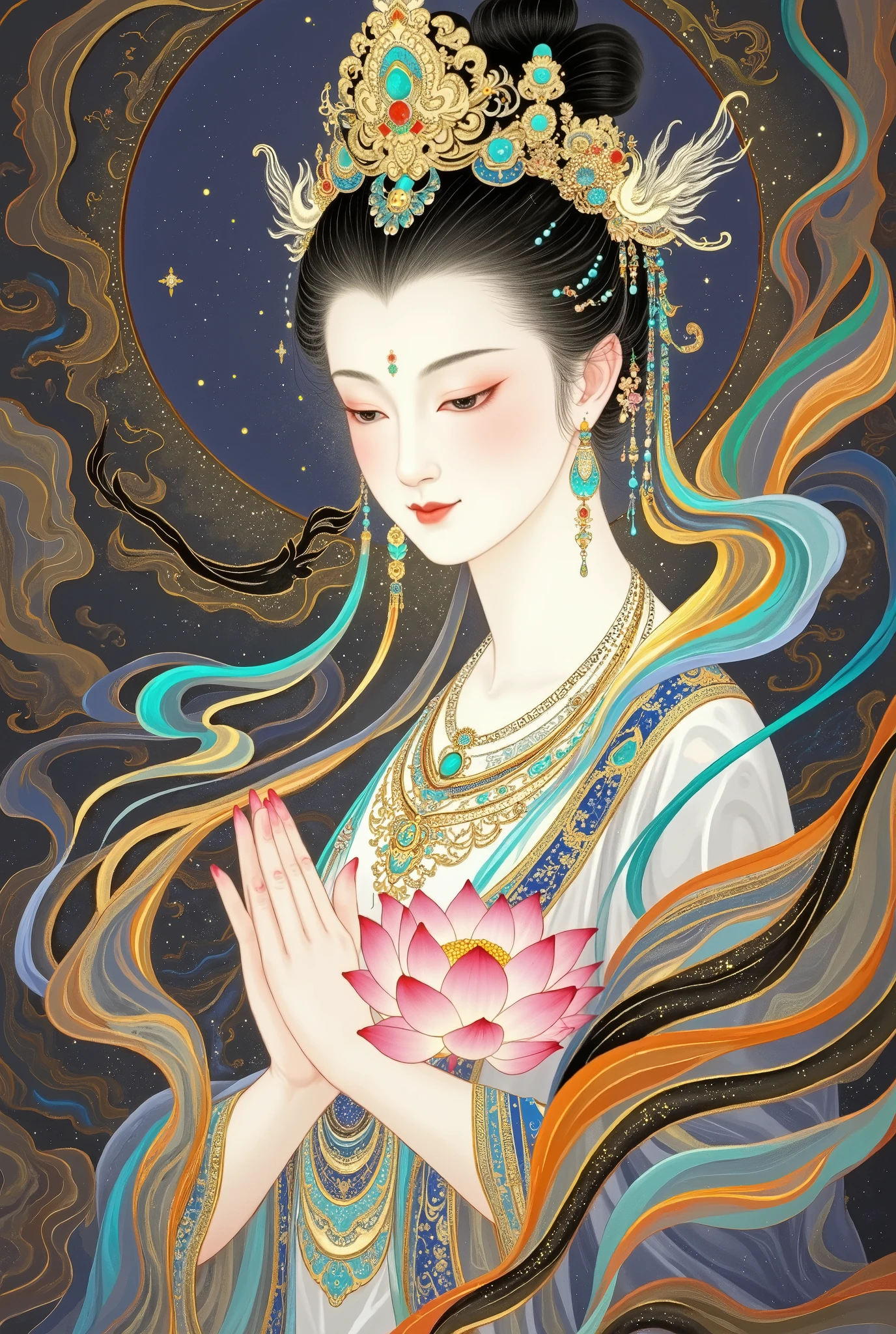 a beautiful art illustration , Dream Painting, , intricate fantasy painting , Wonderful fantasy landscape art , Chinese style illustrations,Silk Road,camel,Dunhuang,Chinese ancient buildings,Cloisonne, Cloisonne enamel ,antiquity,Crescent Moon,Buddha,The Flying Fairy,Portrait of beautiful Guanyin holding pink lotus flowerlong flowing hair,white dress,Double Exposure,guard
