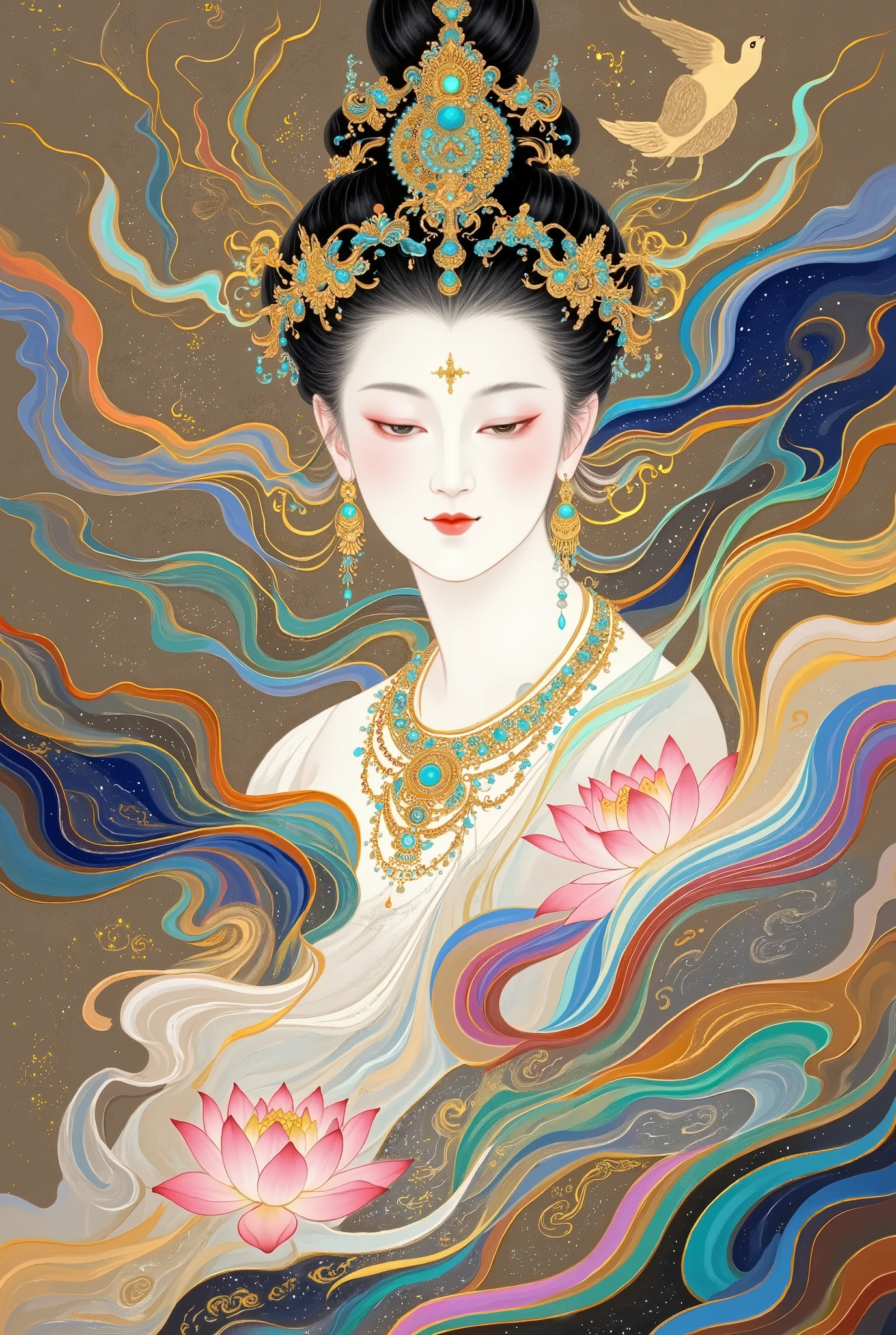 a beautiful art illustration , Dream Painting, , intricate fantasy painting , Wonderful fantasy landscape art , Chinese style illustrations,Silk Road,camel,Dunhuang,Chinese ancient buildings,Cloisonne, Cloisonne enamel ,antiquity,Crescent Moon,Buddha,The Flying Fairy,Portrait of beautiful Guanyin holding pink lotus flowerlong flowing hair,white dress,Double Exposure,guard