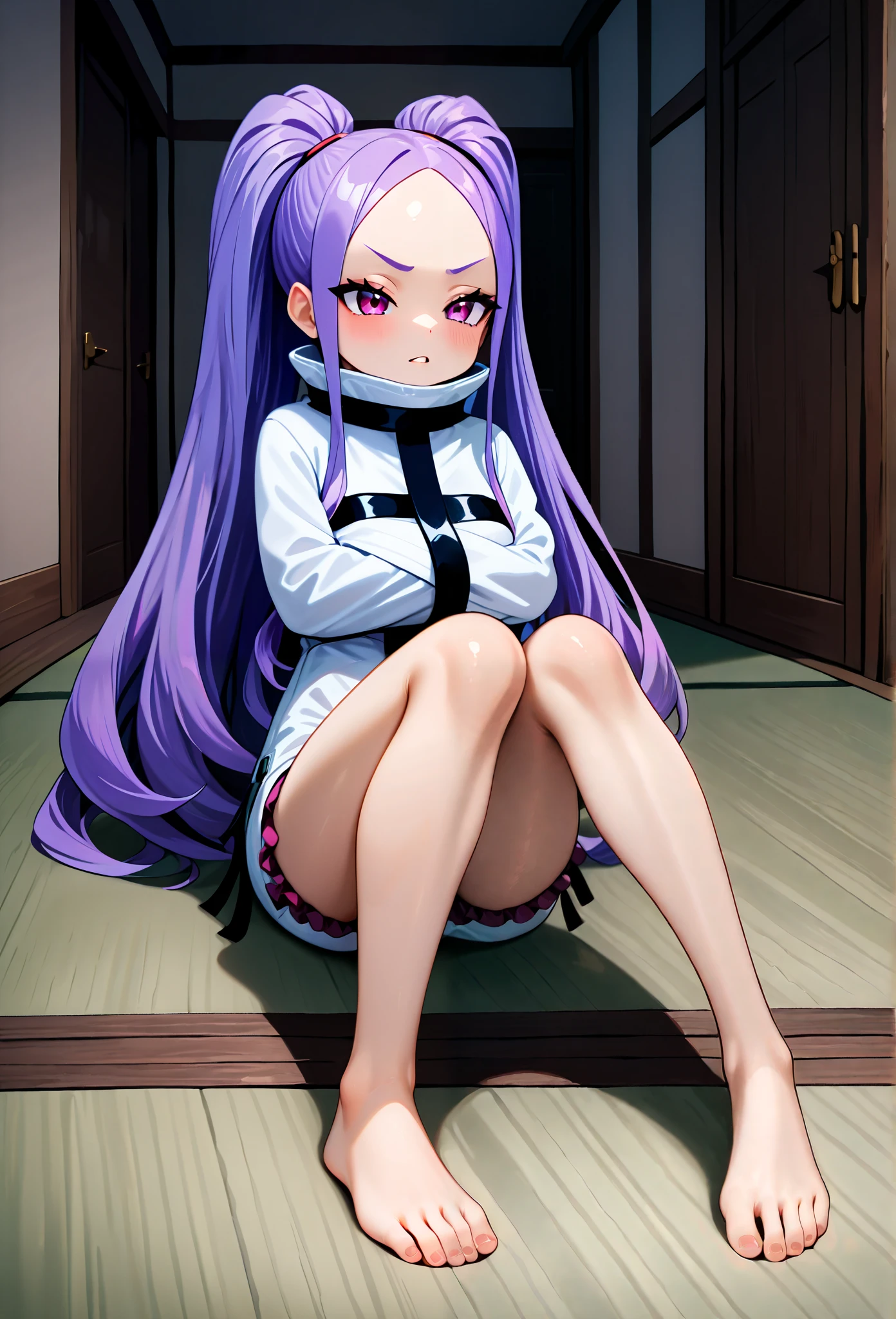 1 Girl, long hair, purple hair, PURPLE EYES , double ponytail, Forehead, straitjacket, Tights indoors , highest quality, look great , absurd , high res, latest, Waist, Knickers, Bare Legs, barefoot