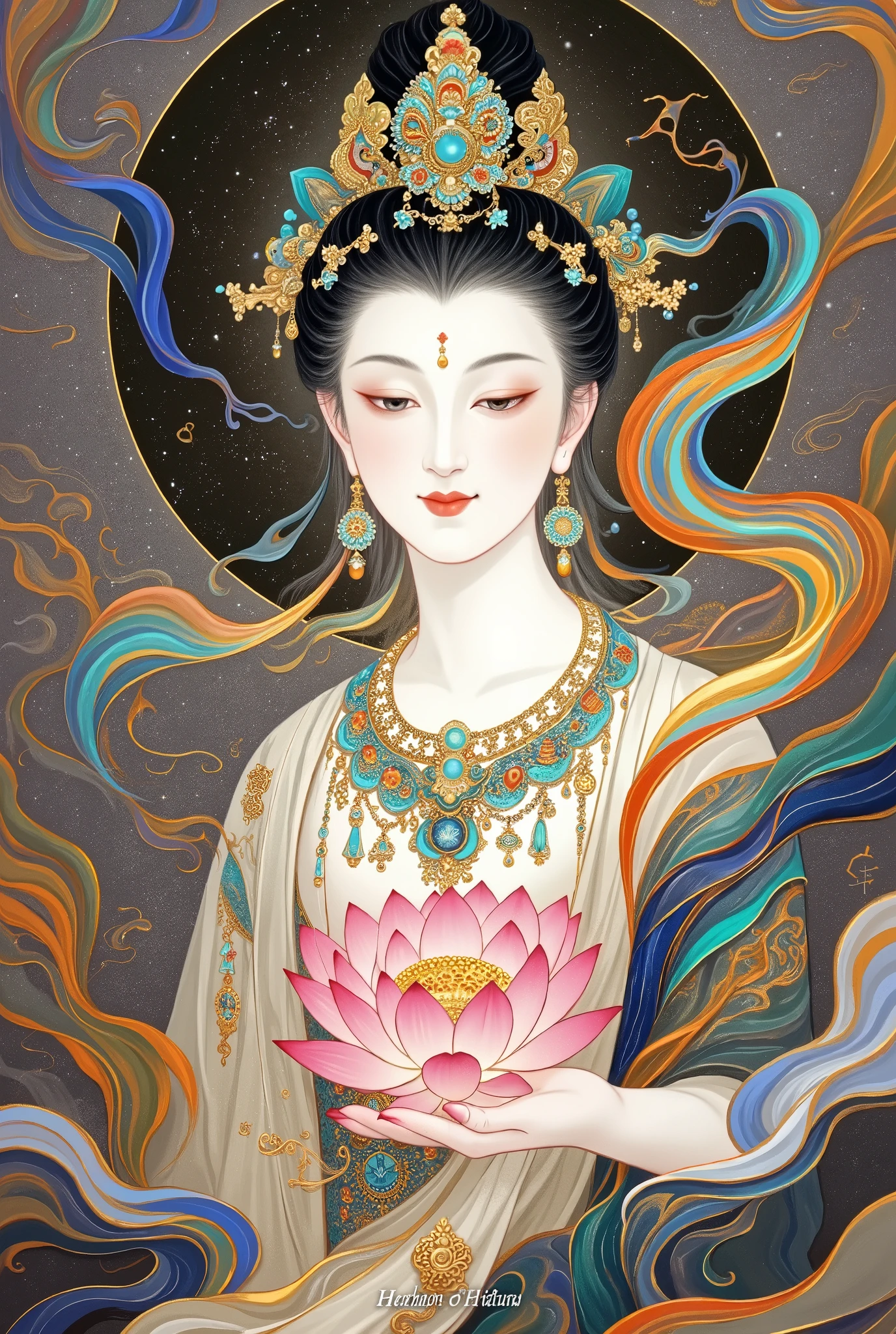 a beautiful art illustration , Dream Painting, , intricate fantasy painting , Wonderful fantasy landscape art , Chinese style illustrations,Silk Road,camel,Dunhuang,Chinese ancient buildings,Cloisonne, Cloisonne enamel ,antiquity,Crescent Moon,handsome Buddha,The Flying Fairy,Portrait of buddha holding pink lotus flower,Double Exposure,guard