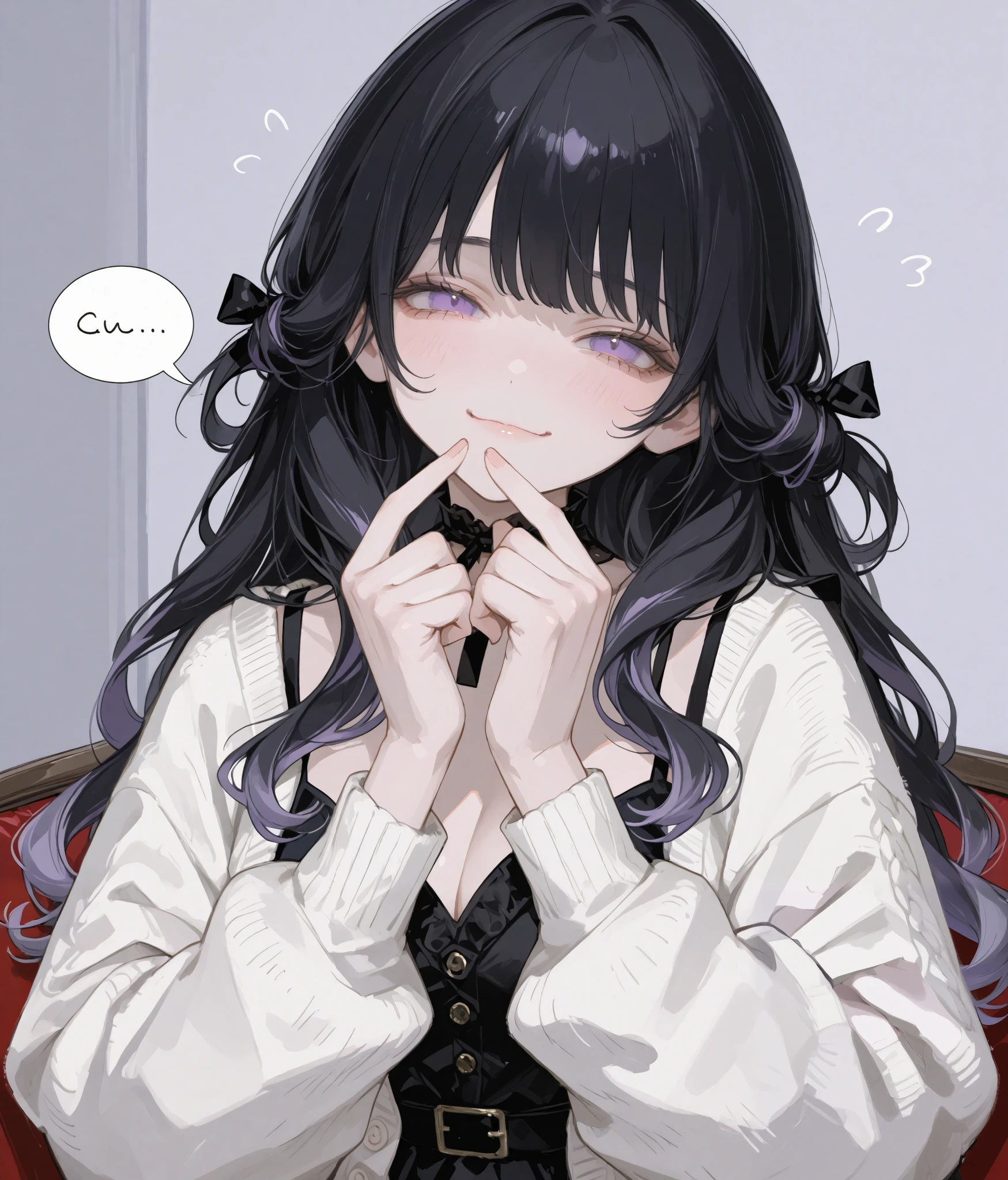 Long Curled Hair , light purple eyes、 shy smile、 black hair、 I'm squinting、28-year-old woman、1 person、 white cardigan、 black dress、 bust up、