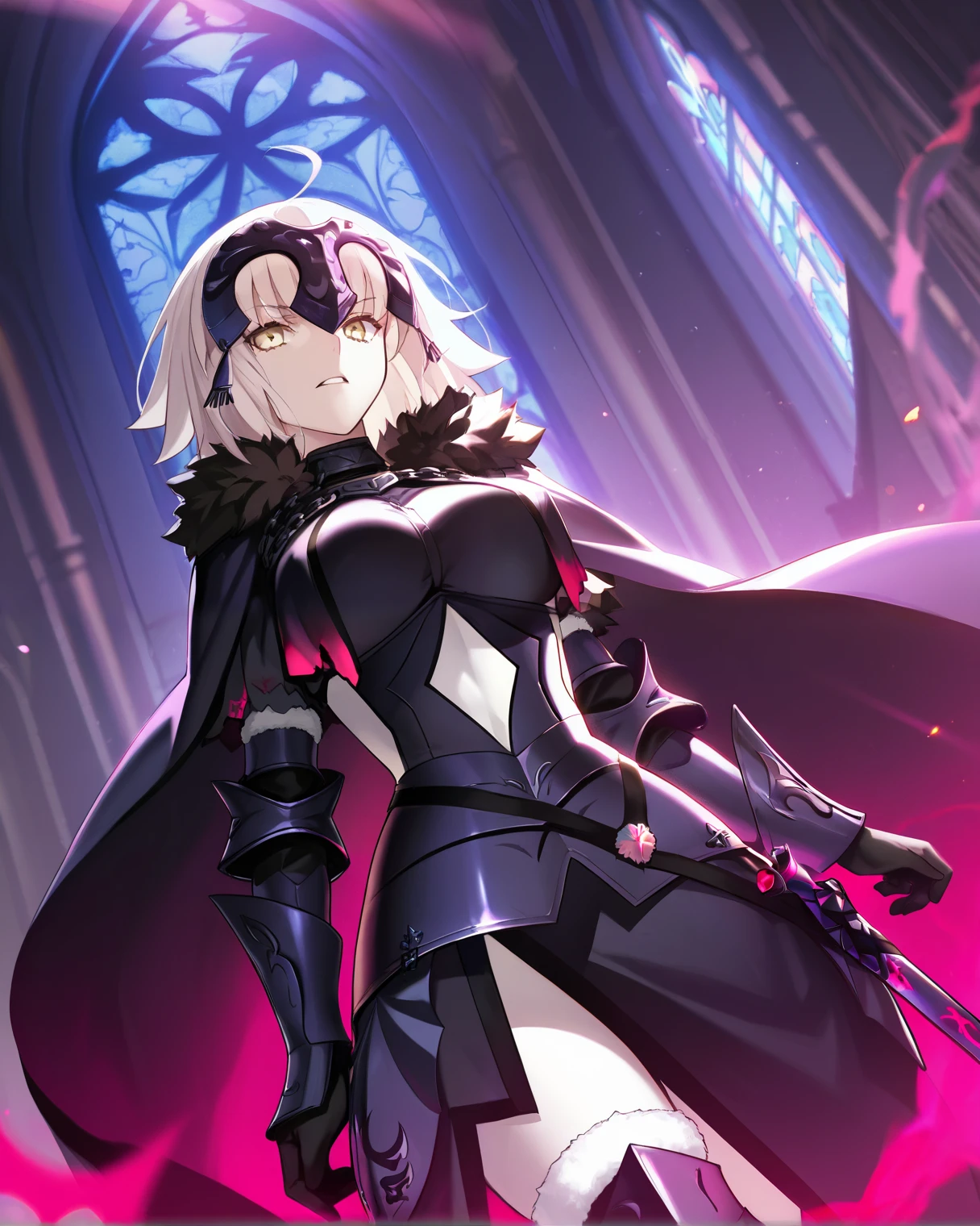 {{{{{jeanne d'arc alter (fate), fate/grand order}}}}}, masterpiece, best quality, ultra-detailed, extremely detailed, beautiful, extremely detailed CG 8k wallpaper, ultra detailed background, bloom effect, holylight, light rays, strong light coming in, deep shadows, church background, dynamic angle, midnight, blazing inferno, ethereal glow